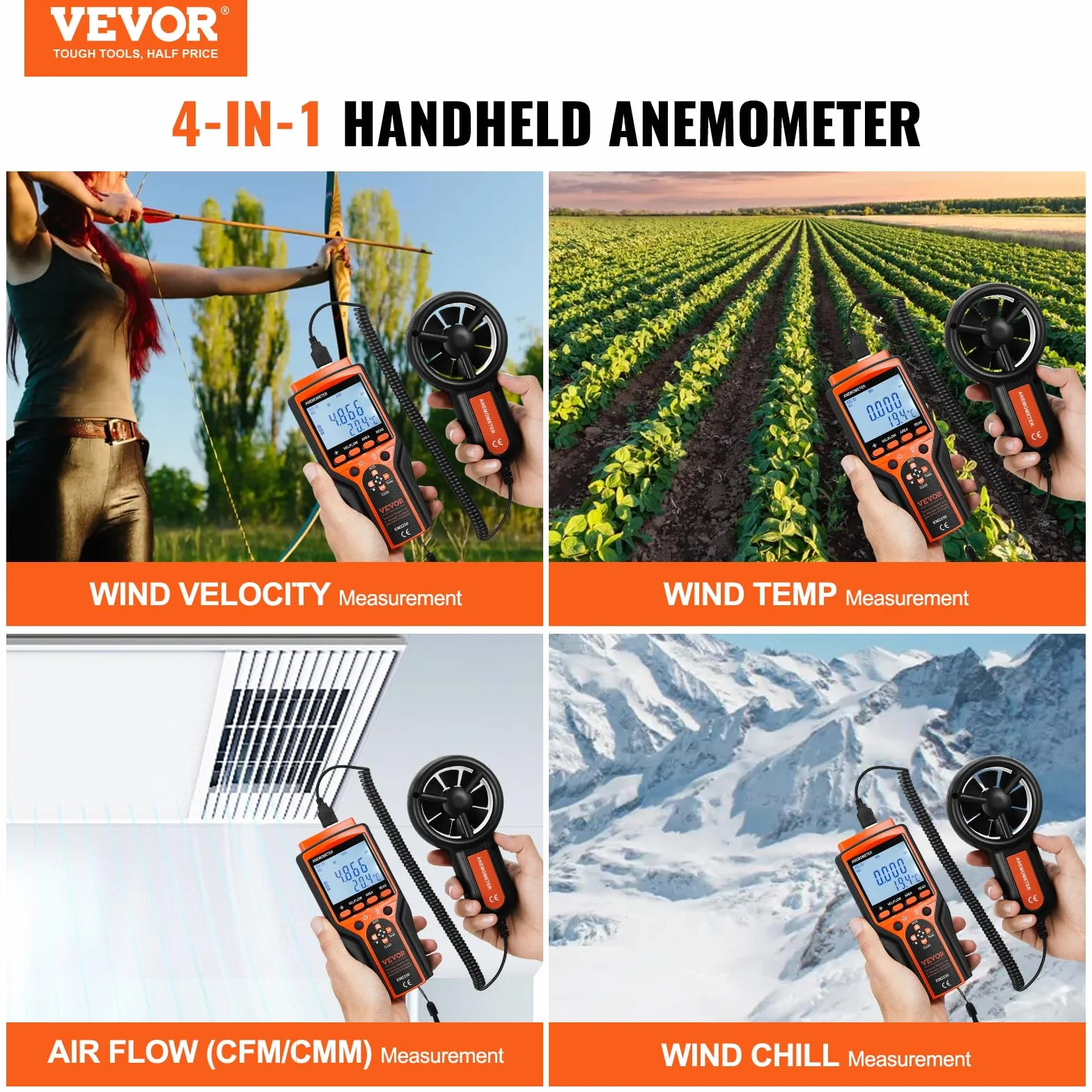 VEVOR Anémomètre Portable -10℃ à 60℃ Numérique Vitesse du Vent CFM Mesure Température Flux d'Air Refroidissement Éolien Écran Rétroéclairé LED