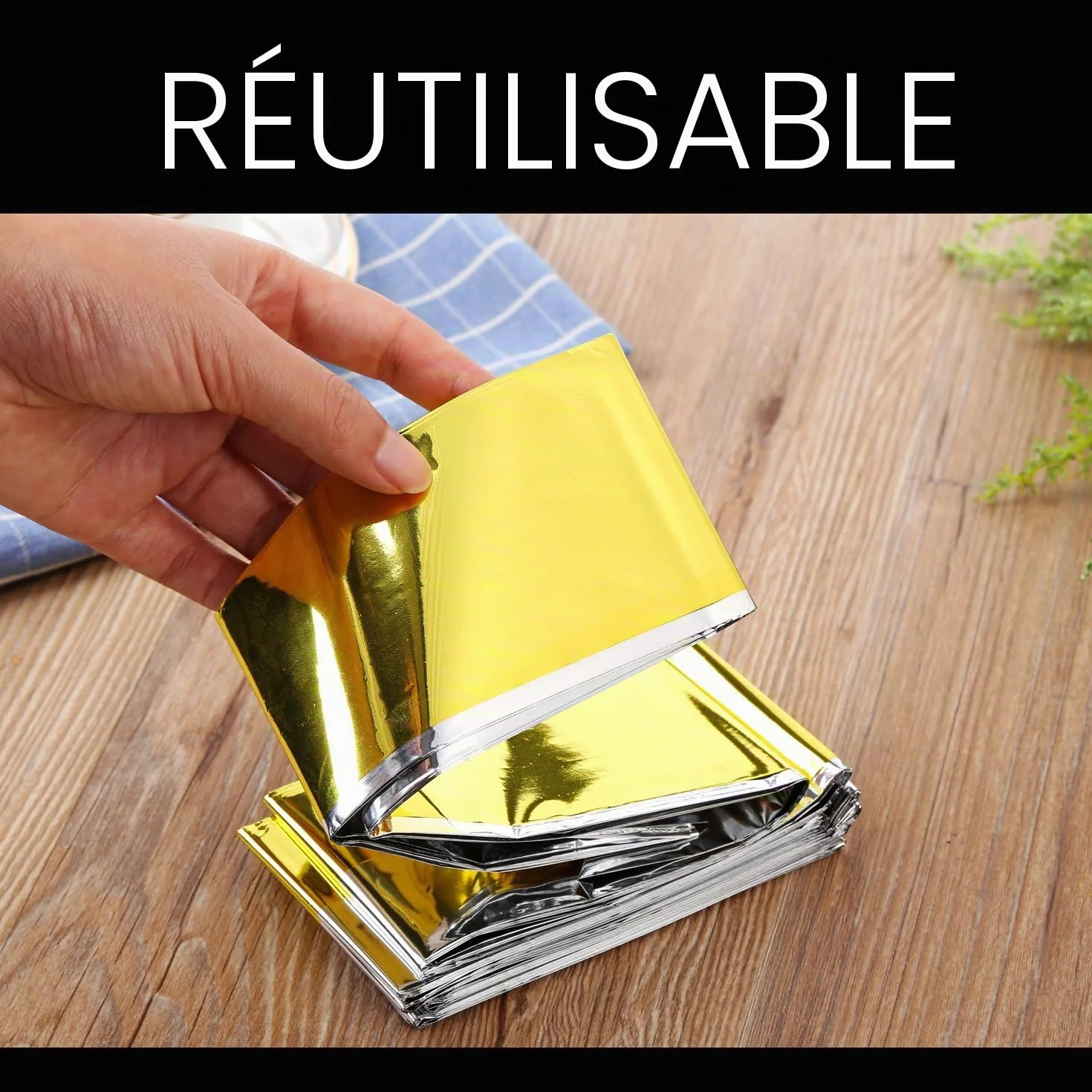Takit Couverture de Survie Réutilisable Extra Large 210x160cm Imperméable Mylar Camping Randonnée Premiers Soins Or Gris