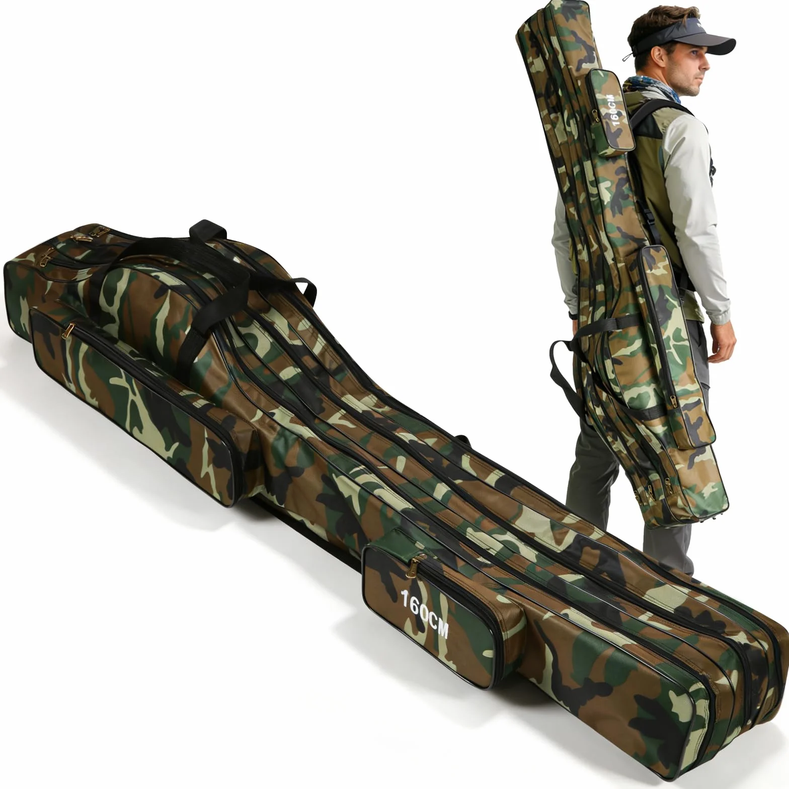 Housse de canne à pêche pliable 160cm 3 couches étanche avec organiseur de moulinets