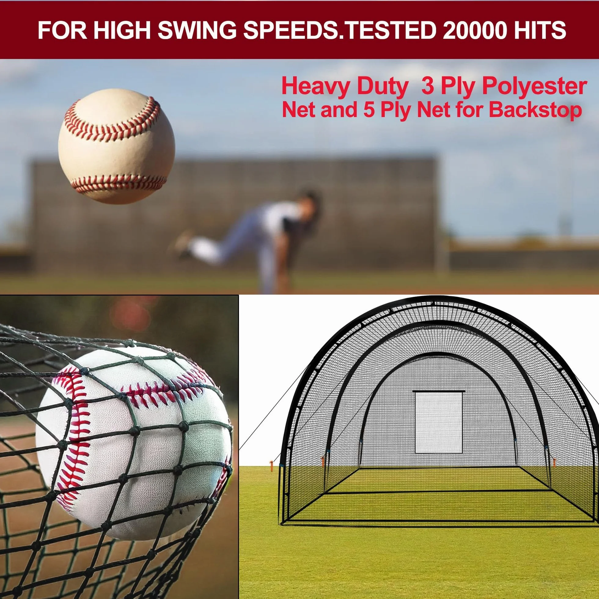 GarveeLife Filet de Cage de Baseball 10 x 3,65 x 2,4 m Portable avec Trou et Ouverture de Machine à Pitching