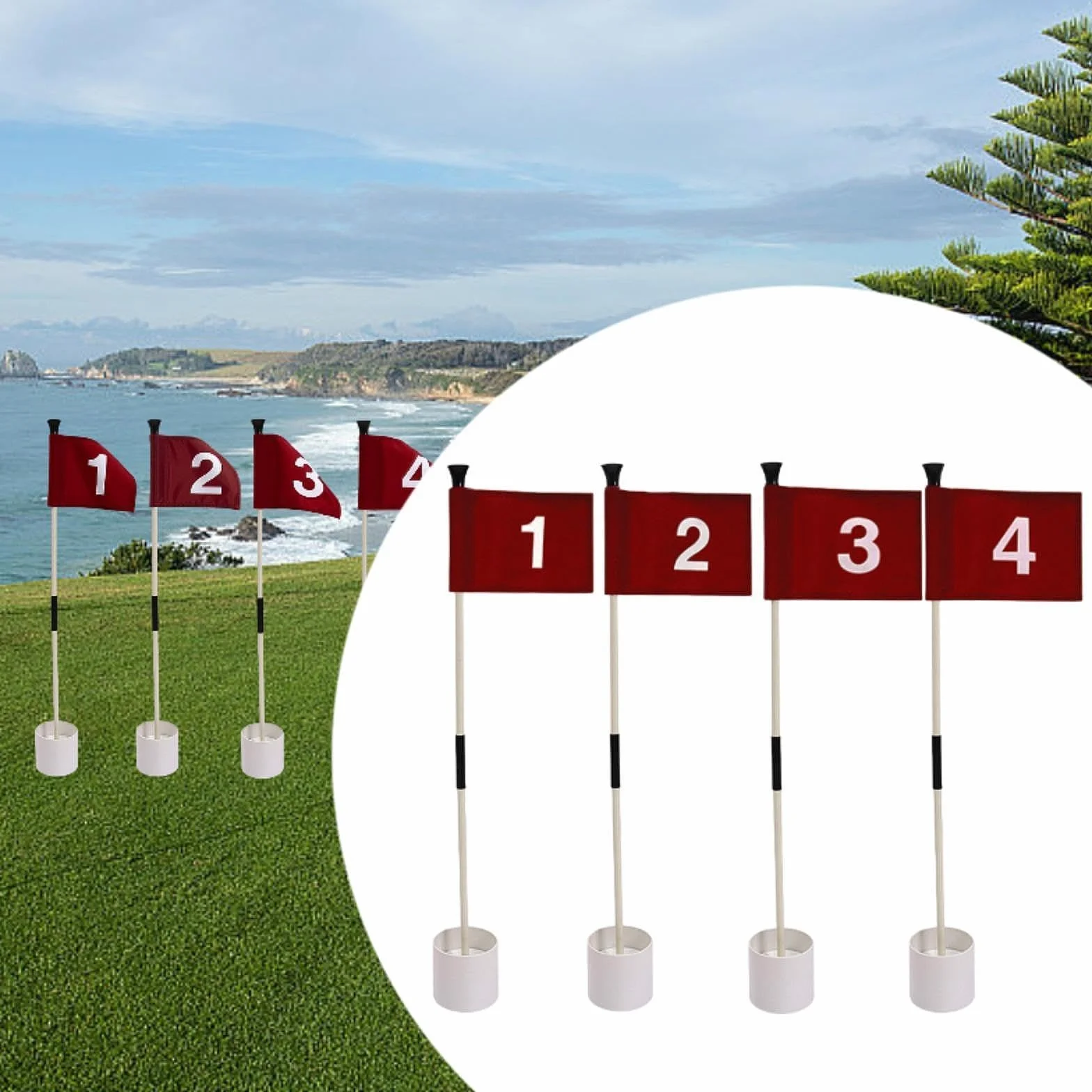 Lot de 4 Drapeaux de Golf, Ensemble de Tasses à Trous Portable avec Poteau