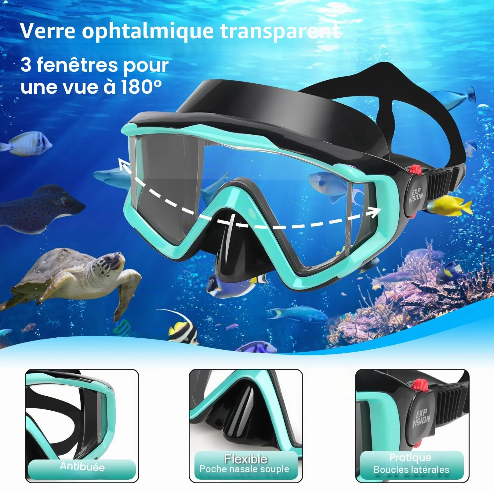 Masque de Plongée avec Tuba Sec, Pano à 3 Fenêtres, Antibuée pour Adultes
