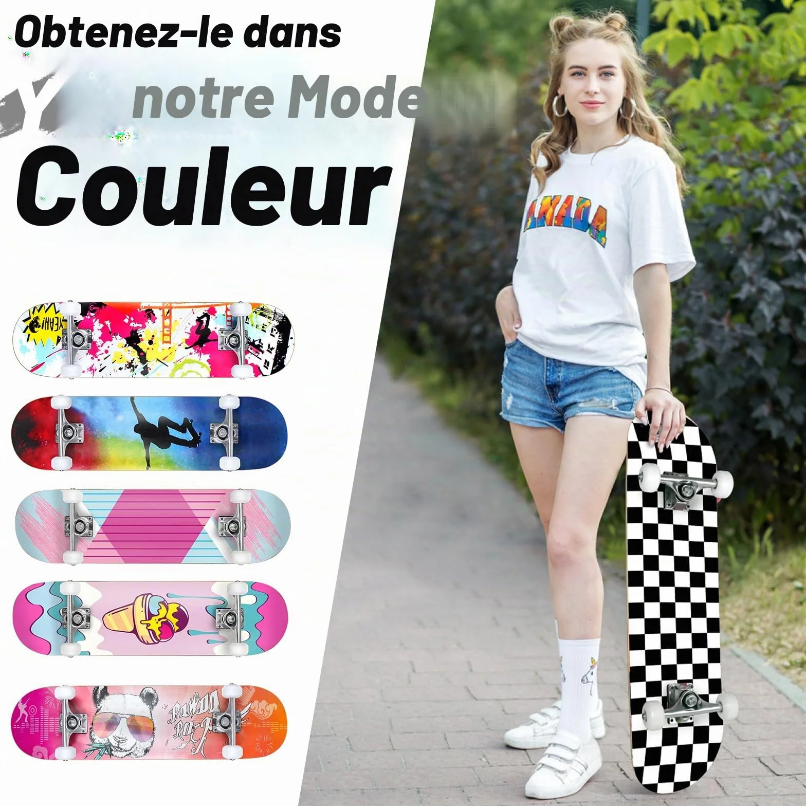 BELEEV Skateboard 31x8 Complet Cruiser Débutants Enfants Adulte Érable Canadien 7 Couches Double Plateau Concave Outil en T