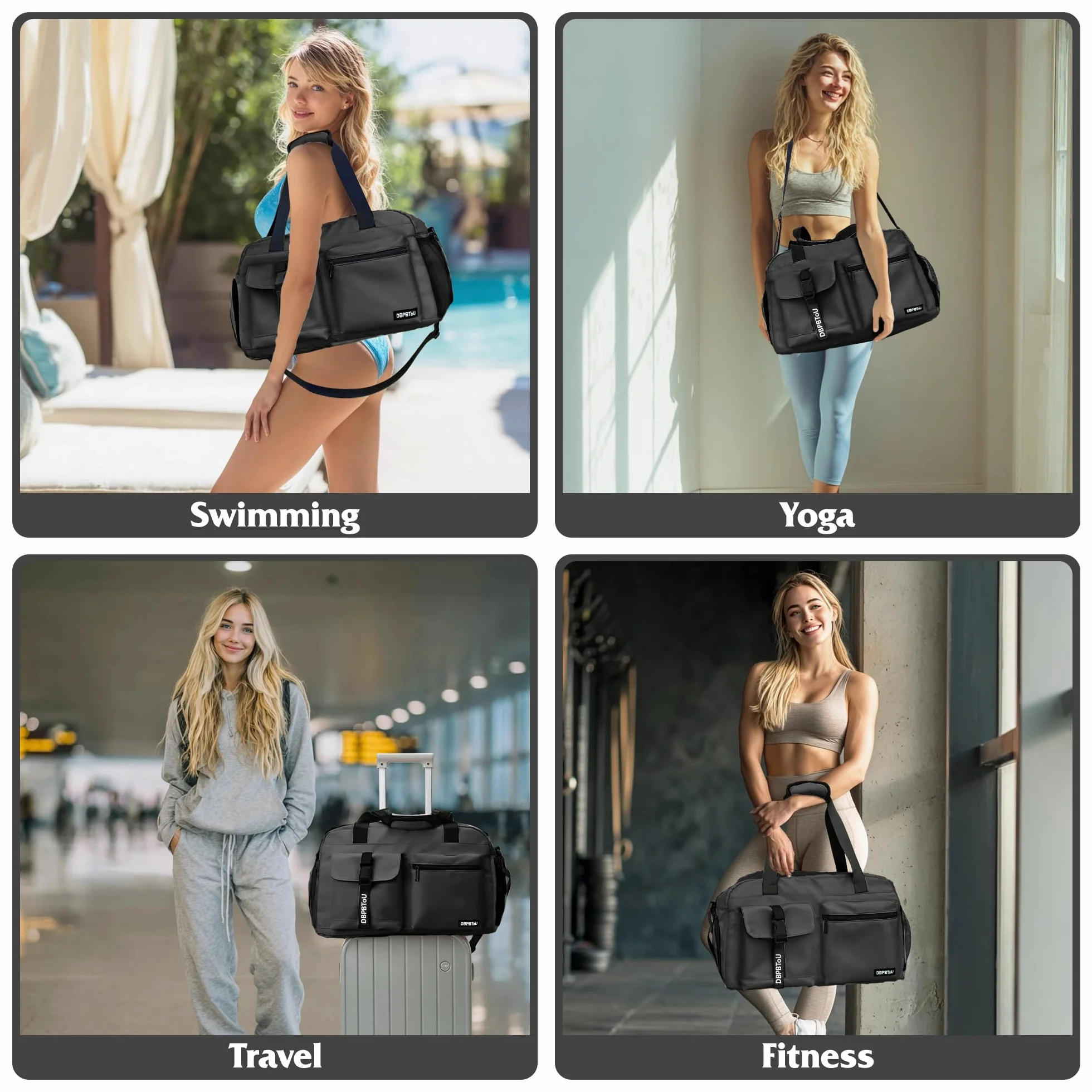 Sac de Sport Femme Homme avec Compartiment à Chaussures, Sac de Voyage Imperméable Noir