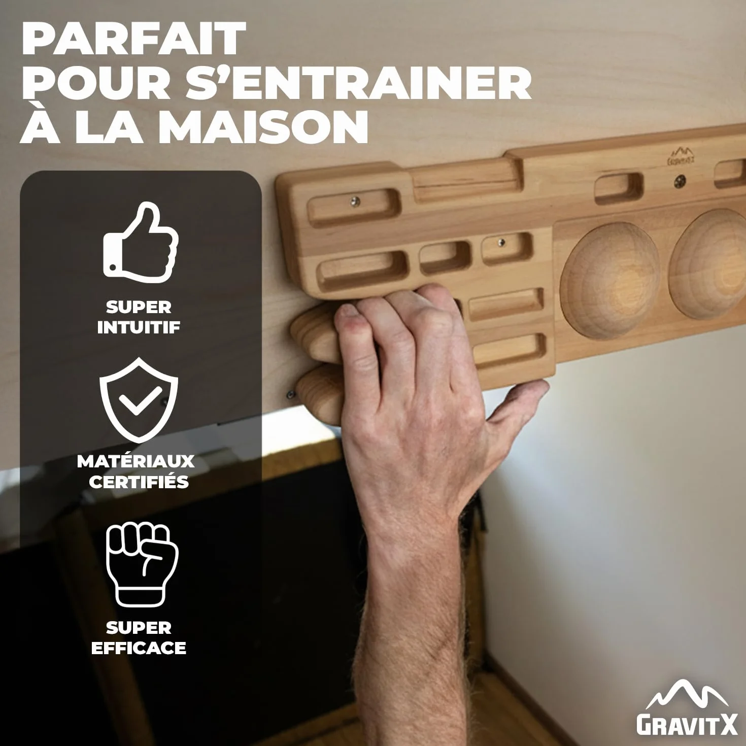 GravitX Planche d’Escalade en Bois 65 cm Fingerboard Multiprises 18-45 mm Accroche Murale