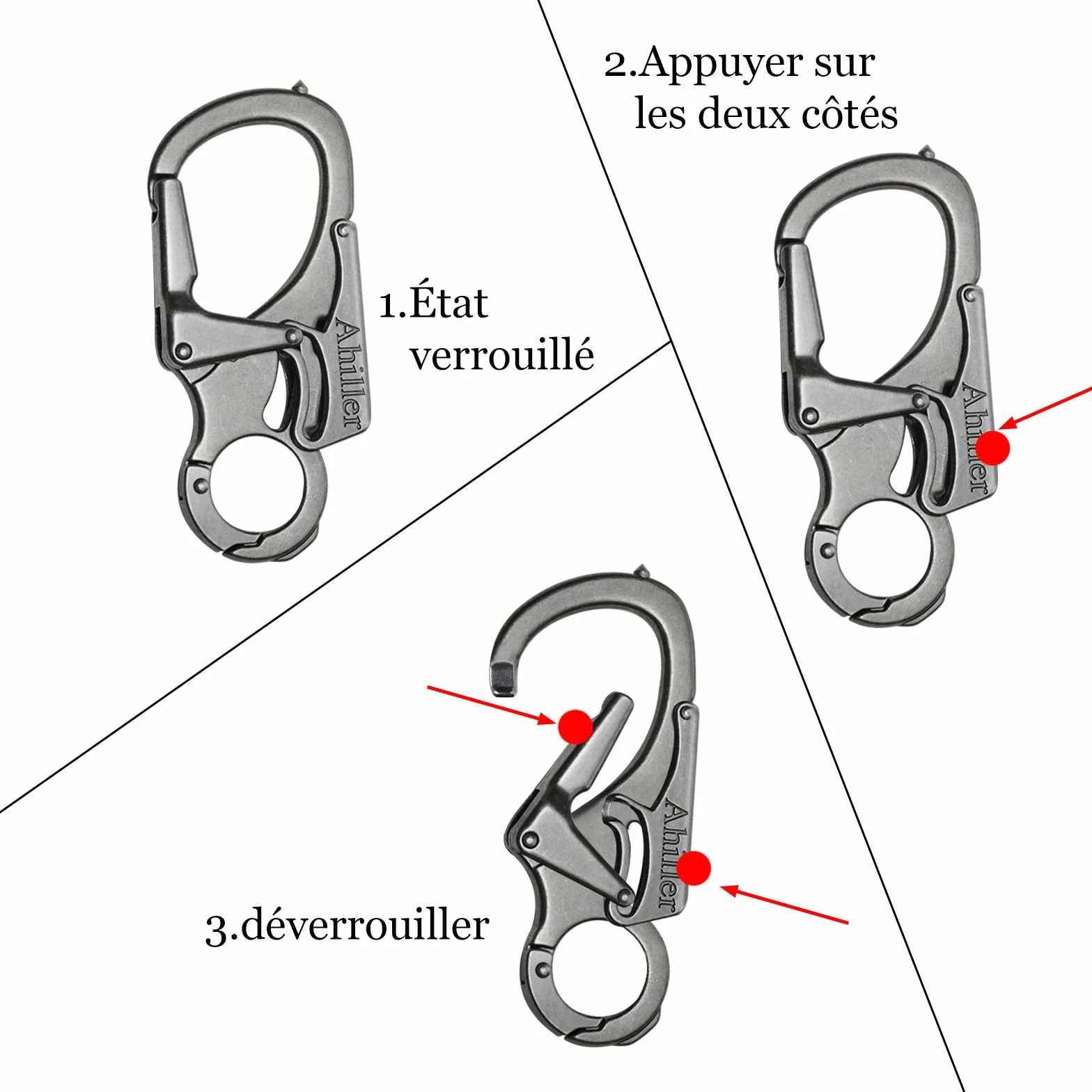 Ahiller Mousqueton Porte-Clés 7,6cm Double Verrouillage Alliage Robuste Pointe Acier Tungstène Camping Randonnée Survie
