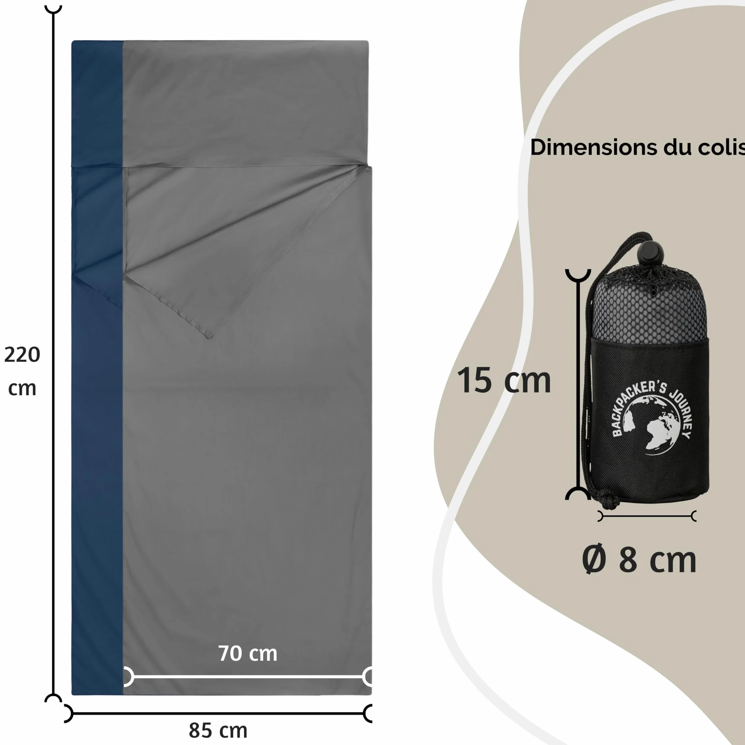 Drap de Sac de Couchage Ultra léger 100% Coton 225 g sans Fermeture éclair