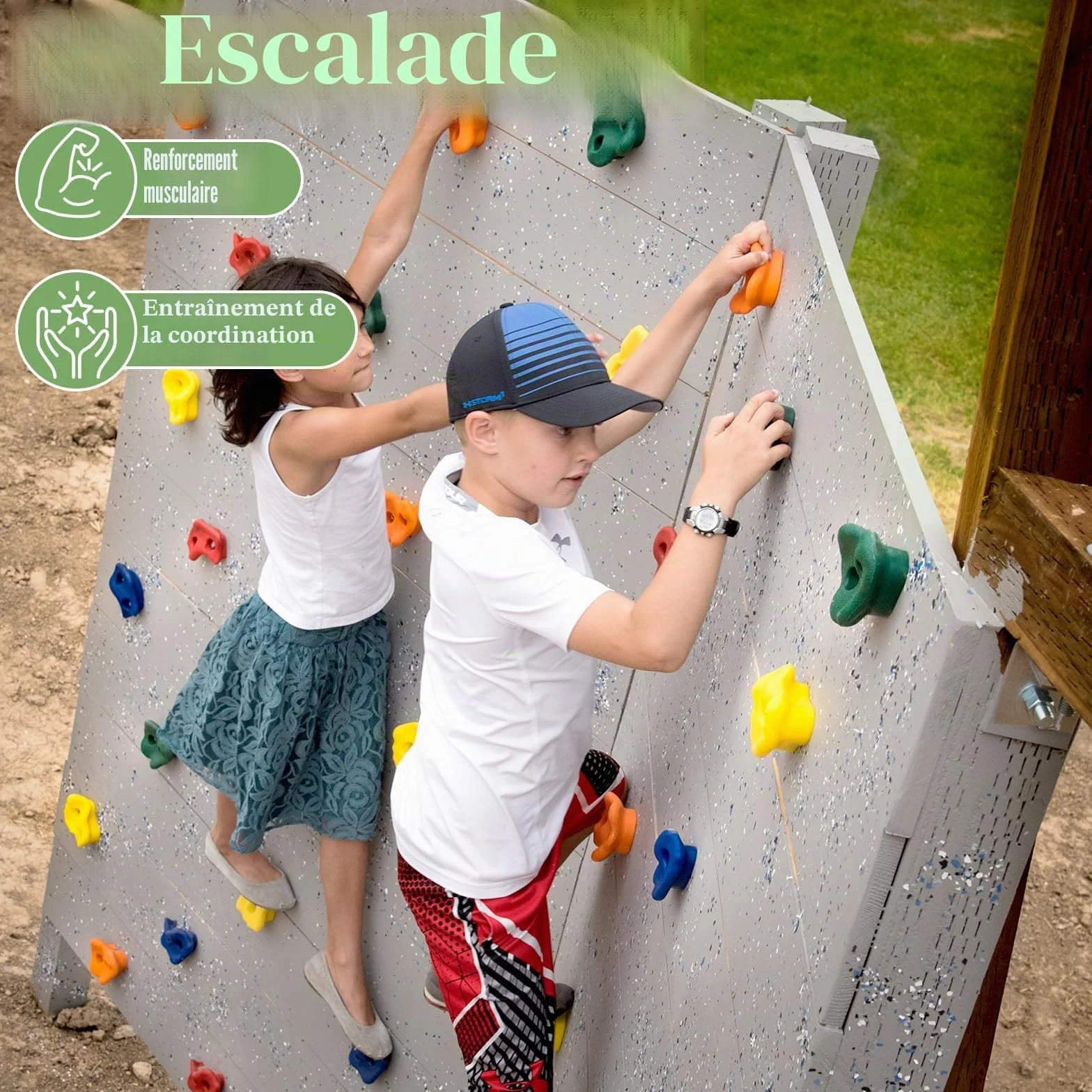 Prise Escalade Enfant Exterieur Mur Escalade avec 270cm Corde Nouee et Poignees Maintien Aire de Jeux