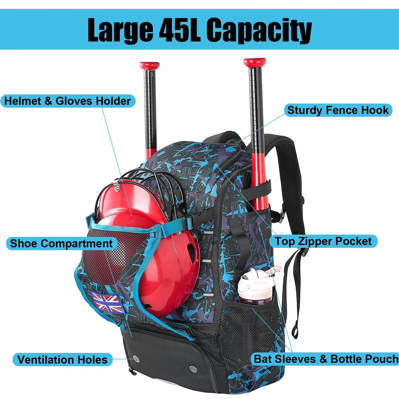 Power King 45L Youth Baseball Bat Bag Large Capacity Backpack with Shoe Compartment Fence Hook Helmet Holder