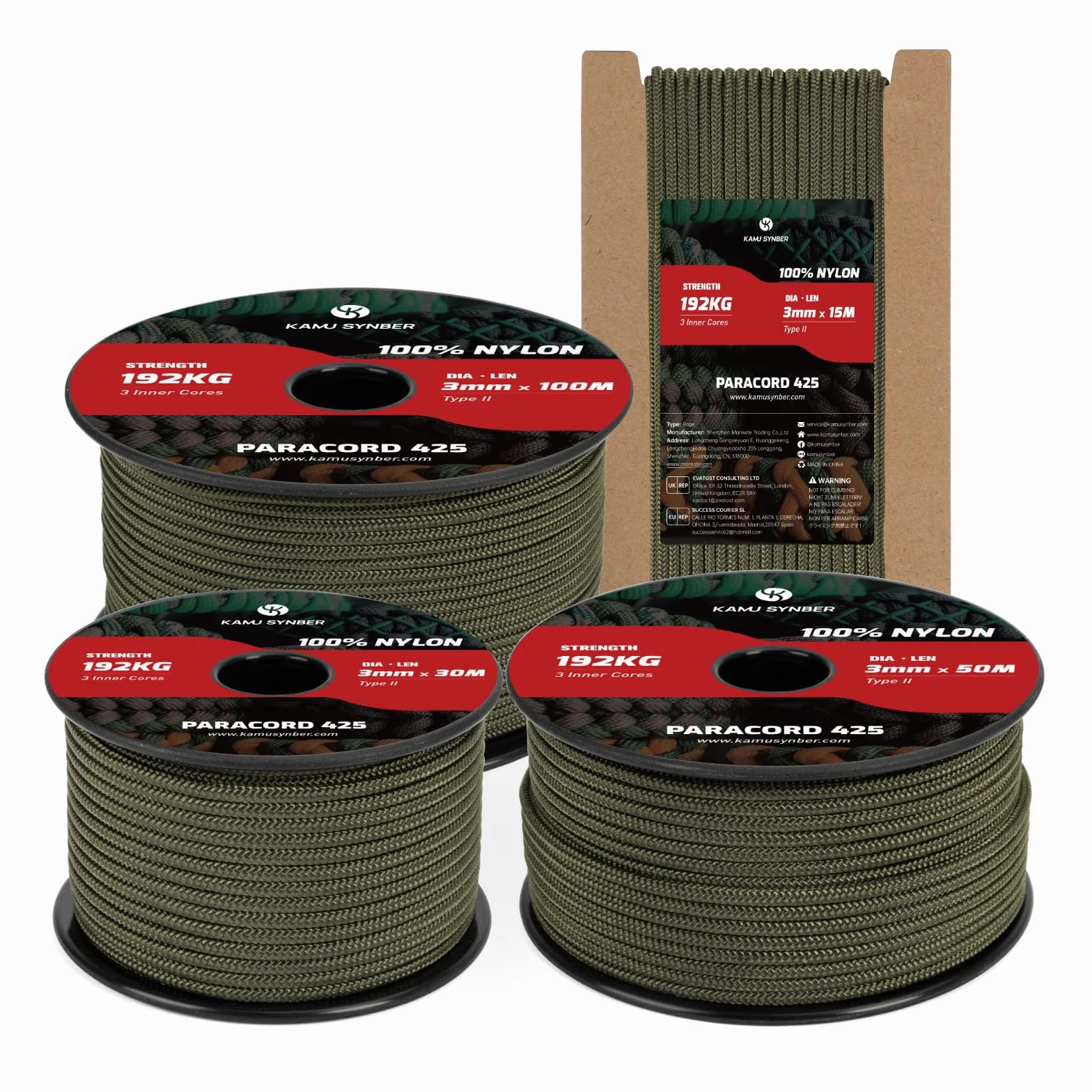 Paracorde 3mm x 15m 100% Nylon Type II 425 3 Brins Vert Armée 192kg
