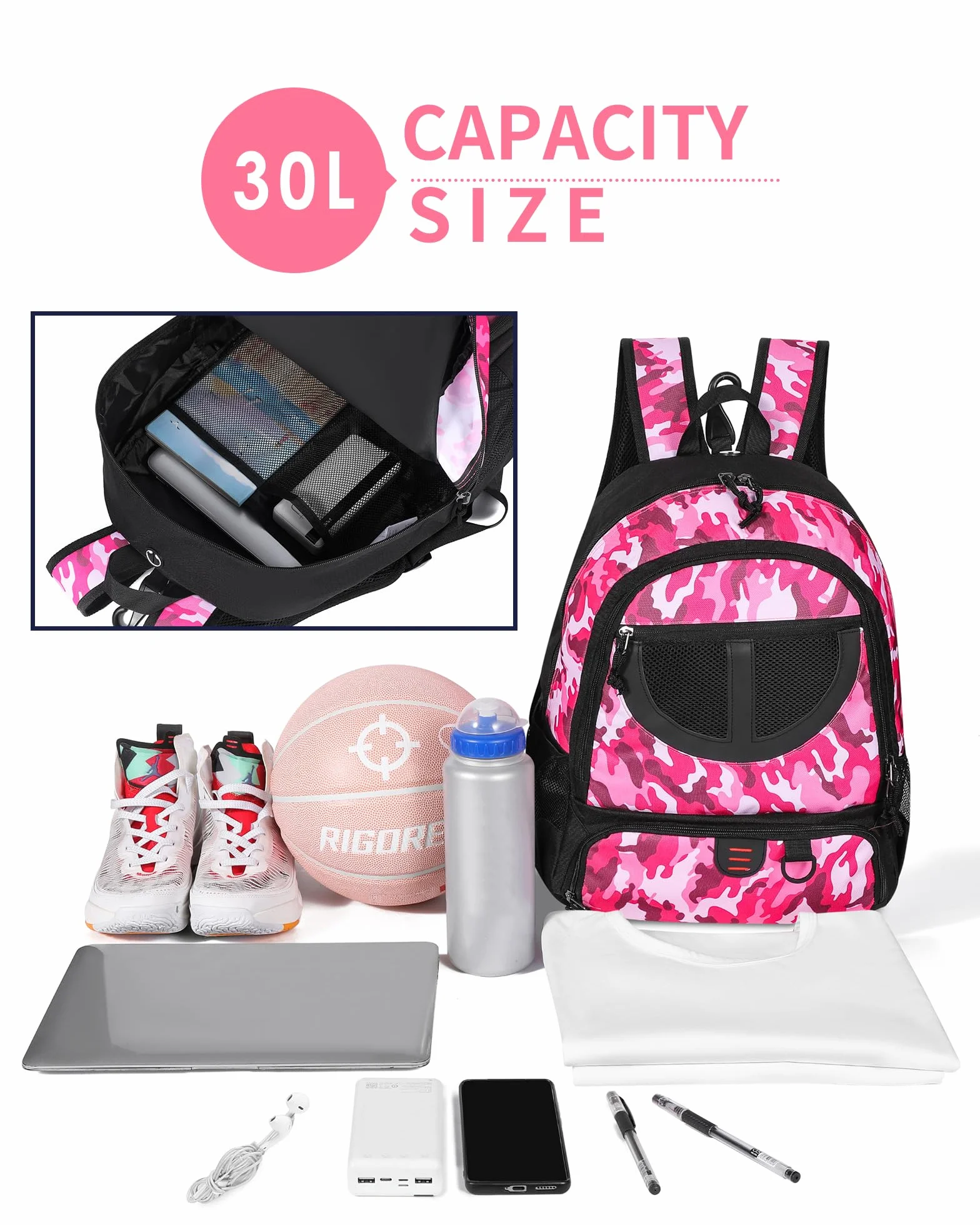 Sac à Dos de Basket-Ball 30 L avec Compartiment pour Ballon et Chaussures, Léger et Respirant