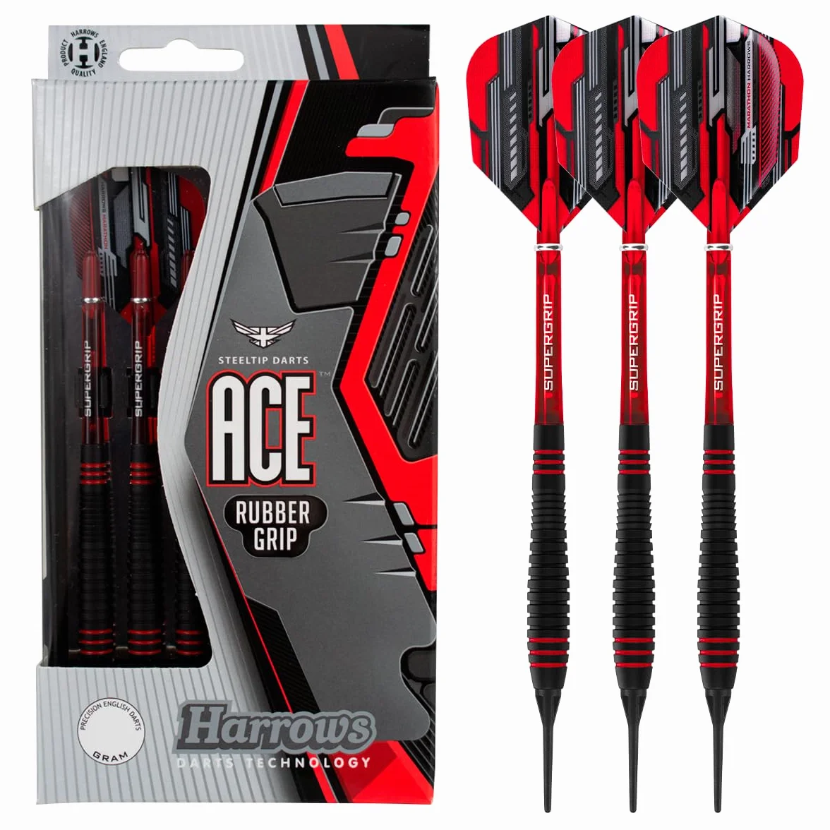 Harrows Ace Rubber Brass Soft Tip Darts Set 16g 18g - Tiges Supergrip, Volants Micron Marathon, Étui Voyage