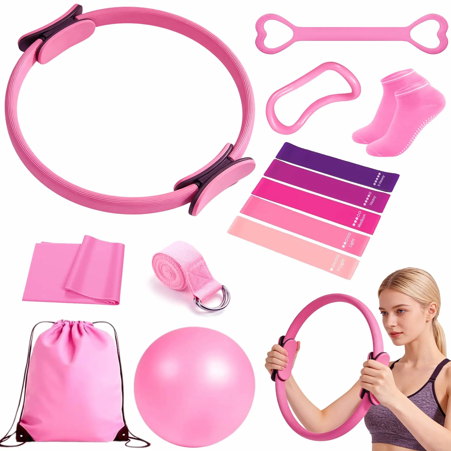 Kit Pilates Maison 13 Pièces Accessoires Fitness Femmes Anneau Balle Sangle Yoga Affiche Entraînement Sac Portable Rose