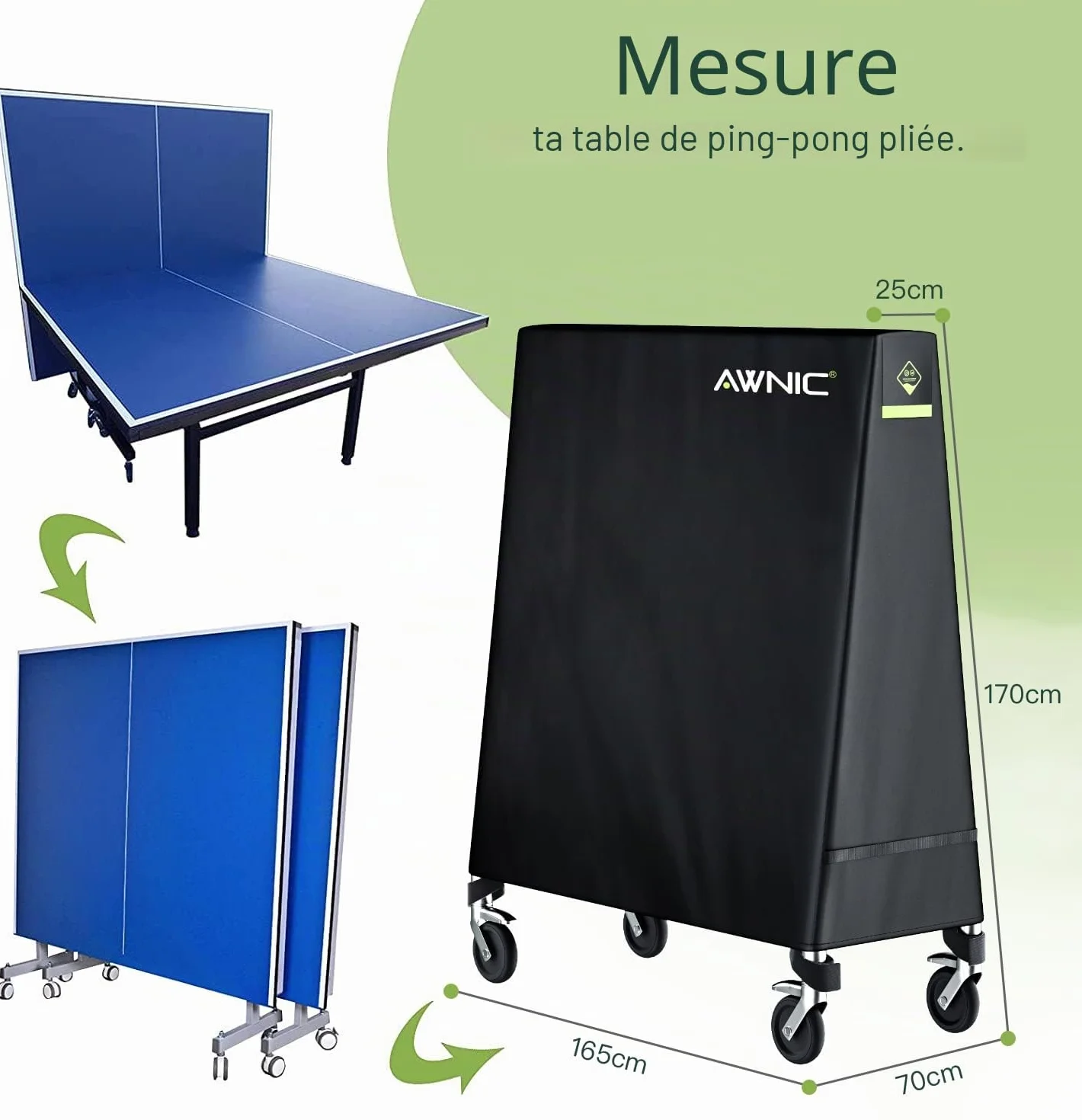 Awnic Housse de Table de Ping-Pong Imperméable 165 x (25/70) x 170 cm