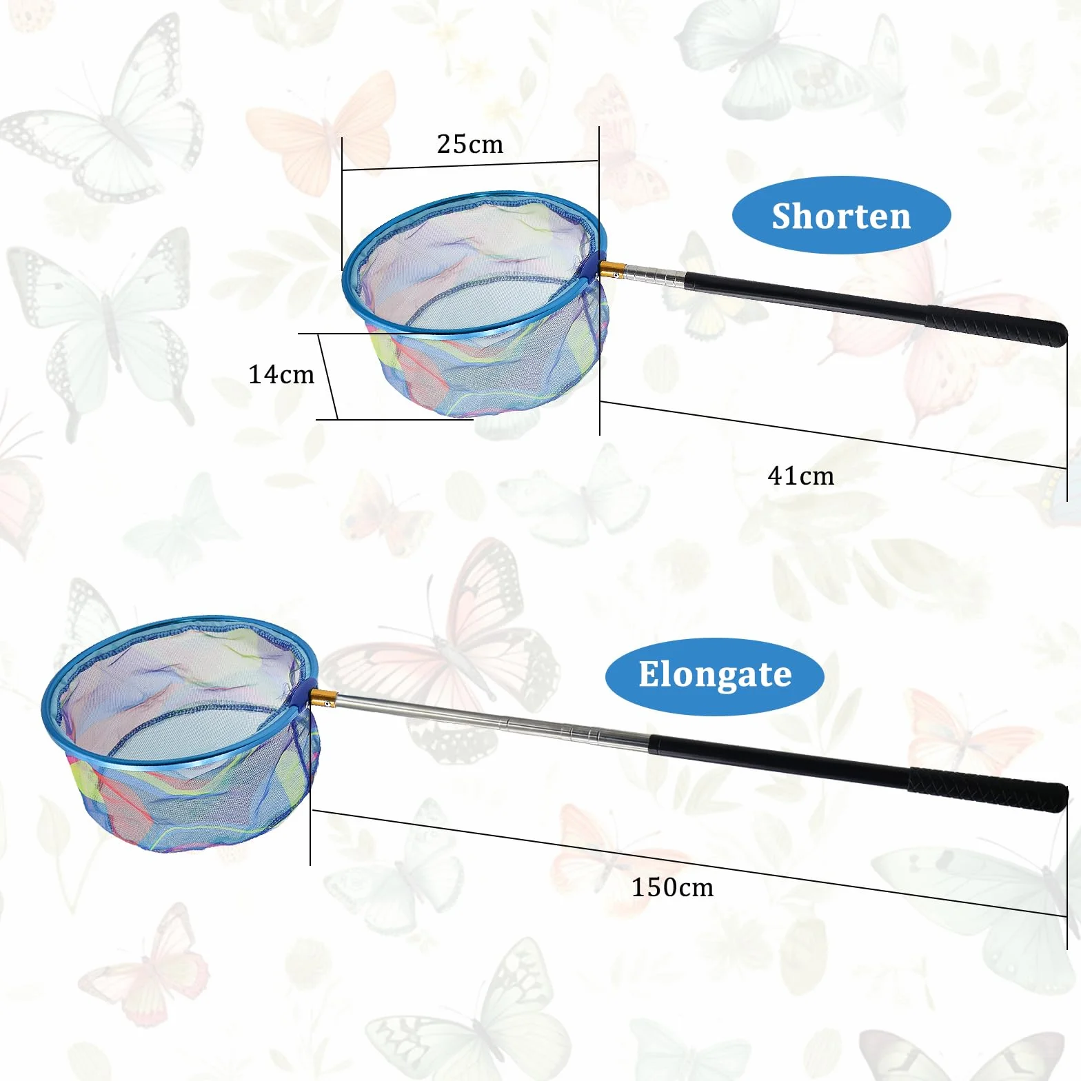 Filet Papillon 41-150 cm Filet de Pêche Extensible Epuisette Enfant avec Manche Télescopique
