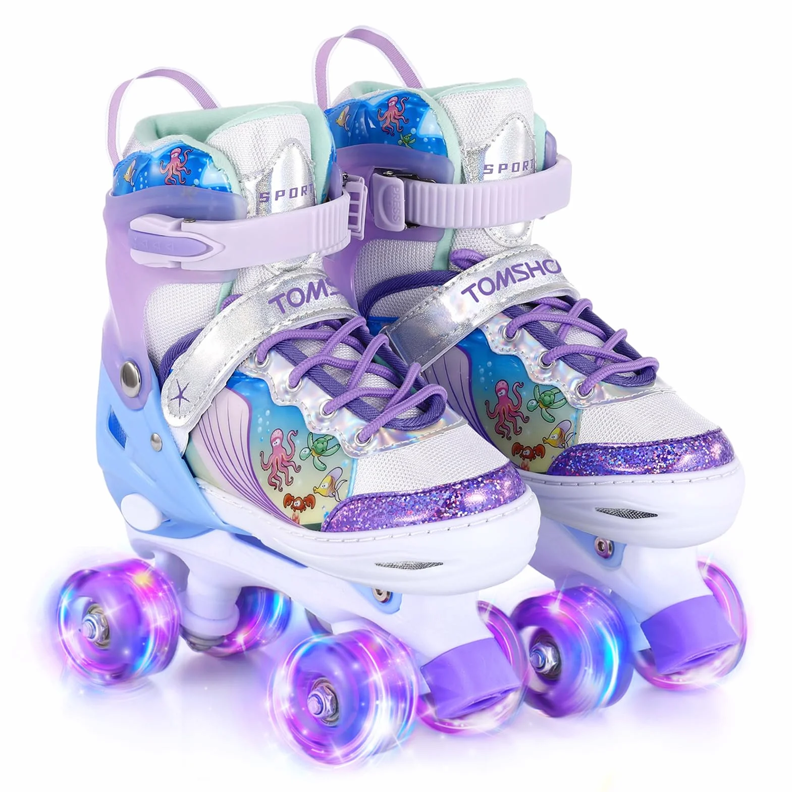 TOMSHOO Roller Enfant Fille avec LED Lumineuse Roues 4 Taille Réglable Rollers Quad Débutants