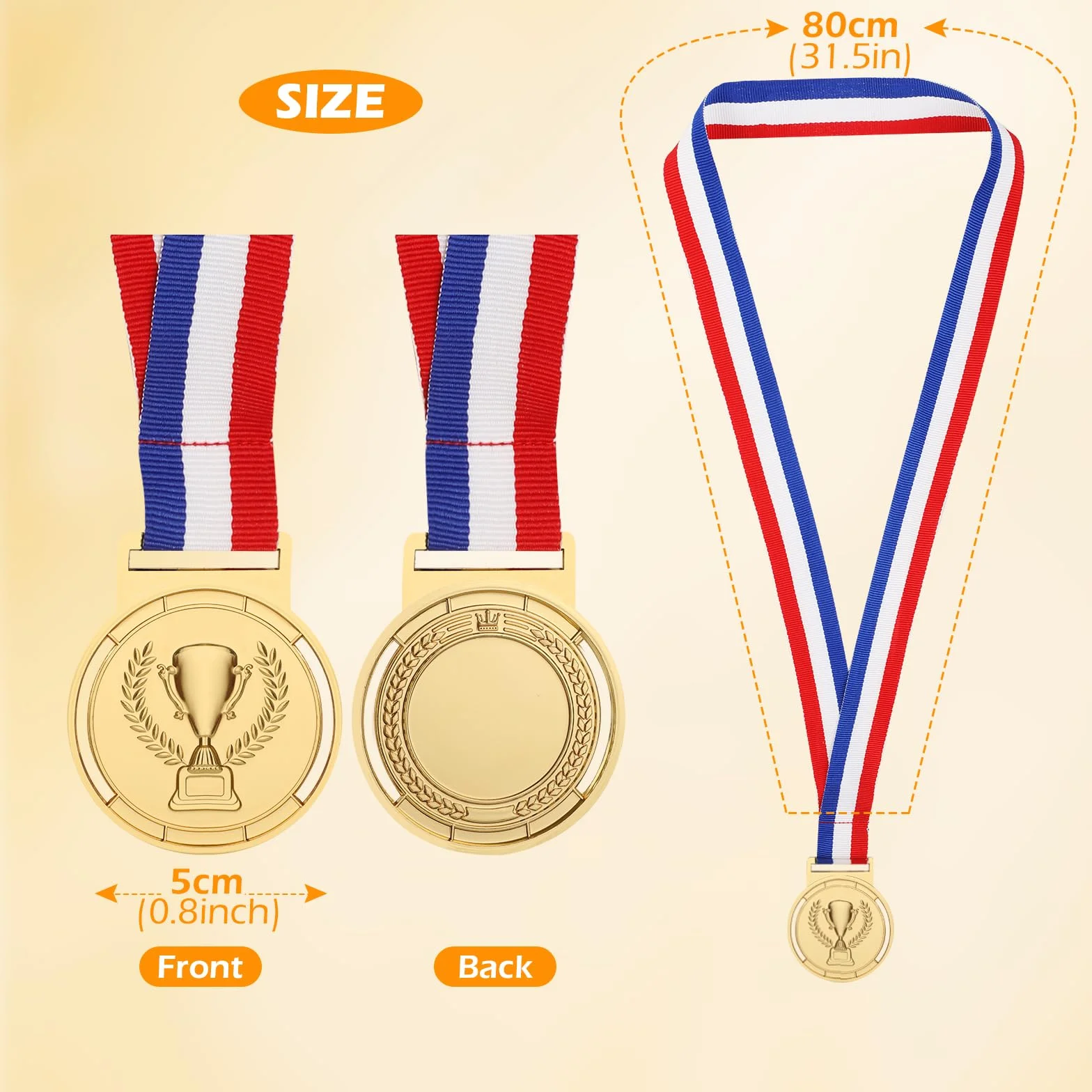 Médailles d'or Métal Diamètre 6,5 cm avec Rubans pour Compétition Sports Jeux - Lot de 12