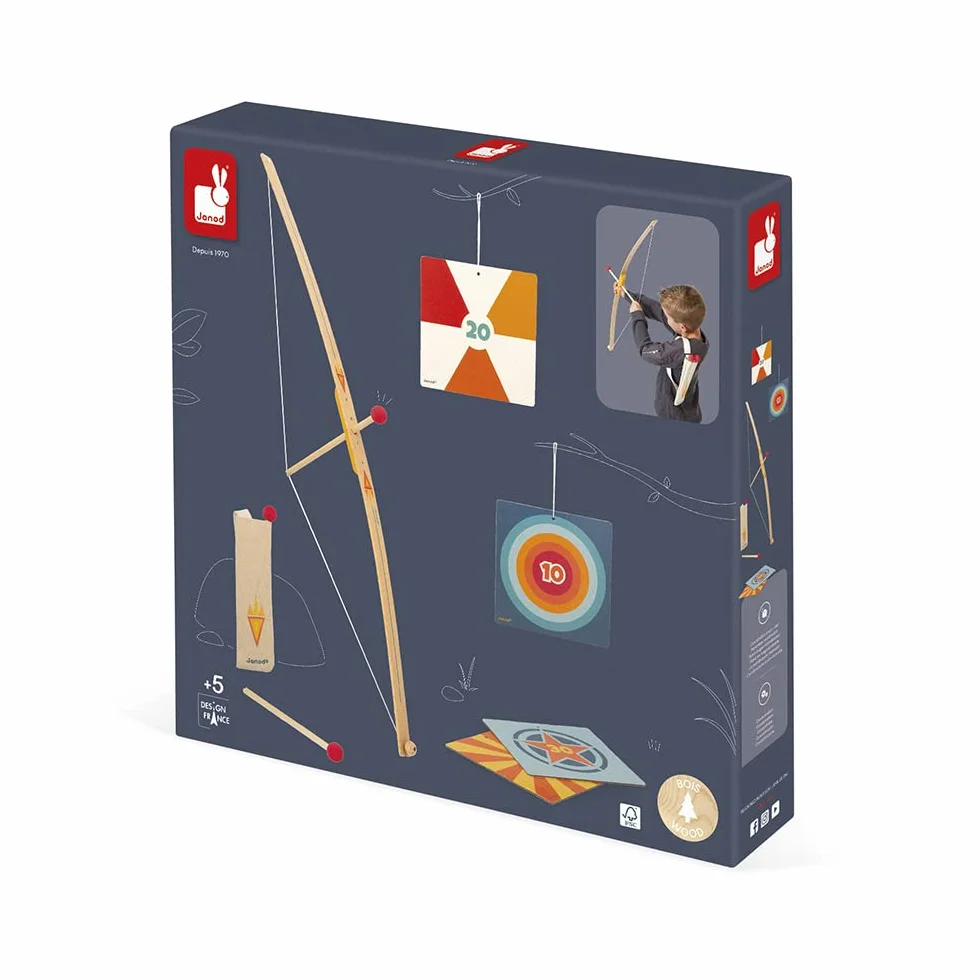 Janod Set Tir à l'arc en Bois Arc 3 Flèches Carquois 4 Cibles Jeu Plein Air Sport Dès 5 Ans
