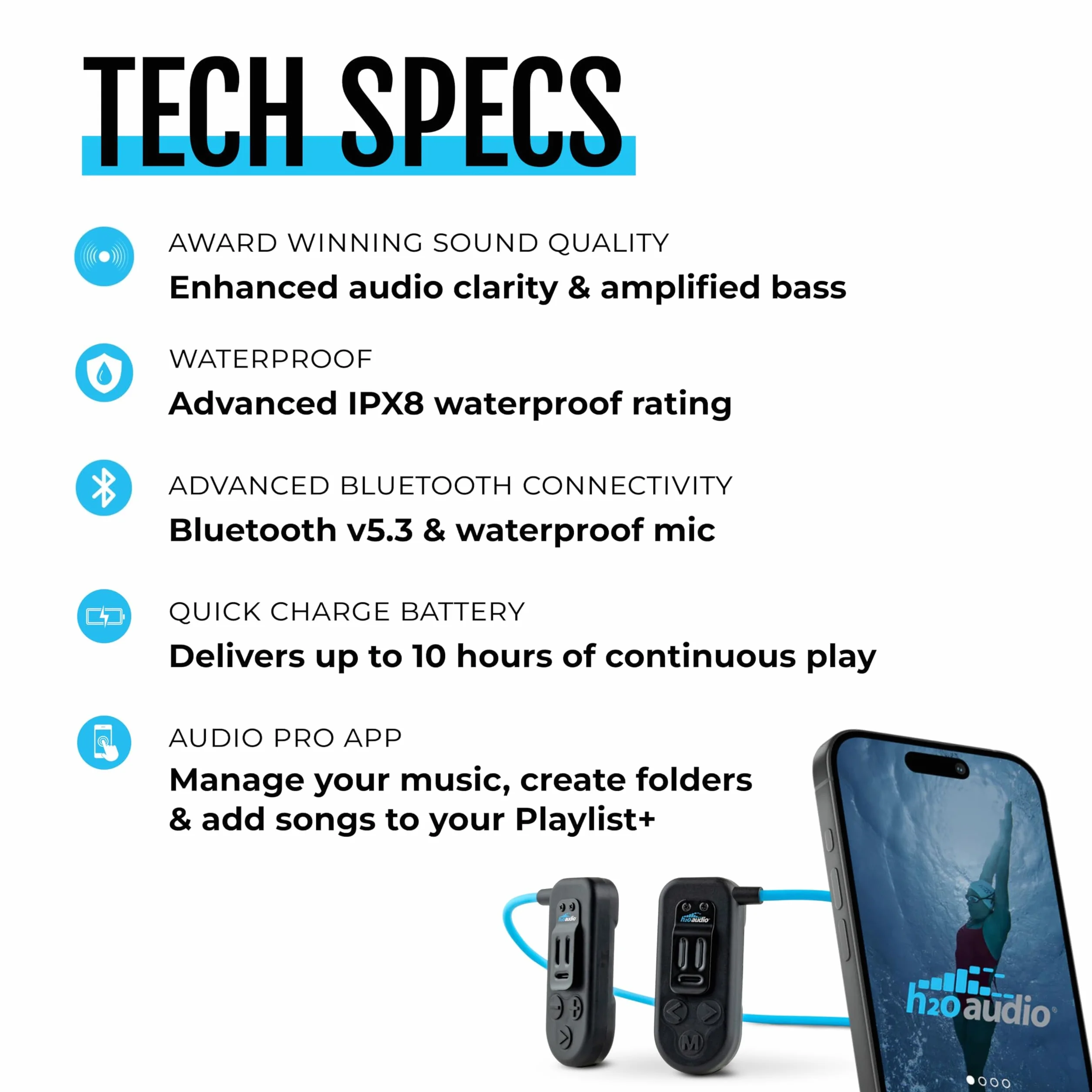 H2O Audio Sonar 2 Pro Casque étanche à conduction osseuse IPX8 MP3 Bluetooth natation