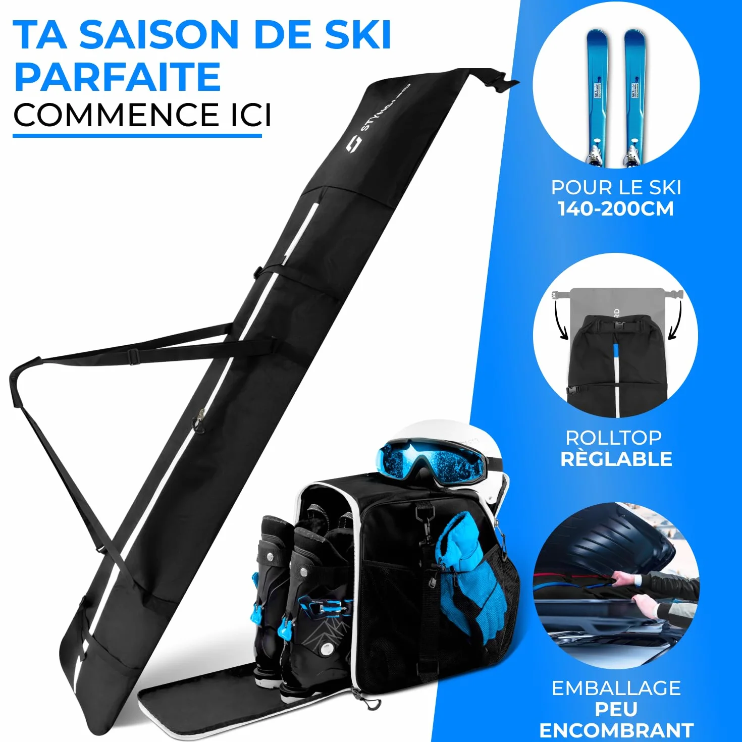 STYNGARD Sac à Chaussures de Ski avec Housse à Skis 140-200 cm 40 L Compartiment Casque Vancouver