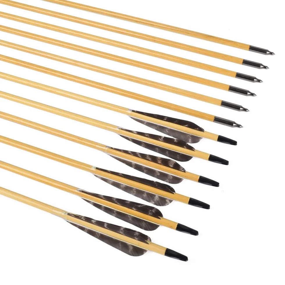 Flèches en bois 81 cm 12 pièces plumes naturelles 10 cm pour tir à larc chasse arc traditionnel recurve long