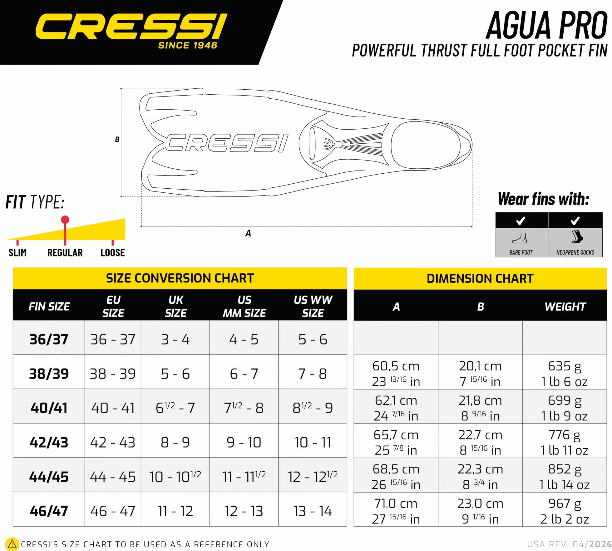 CRESSI Agua Pro Fins Palme Chaussante Plongée Snorkeling Apnée Natation Eau Libre