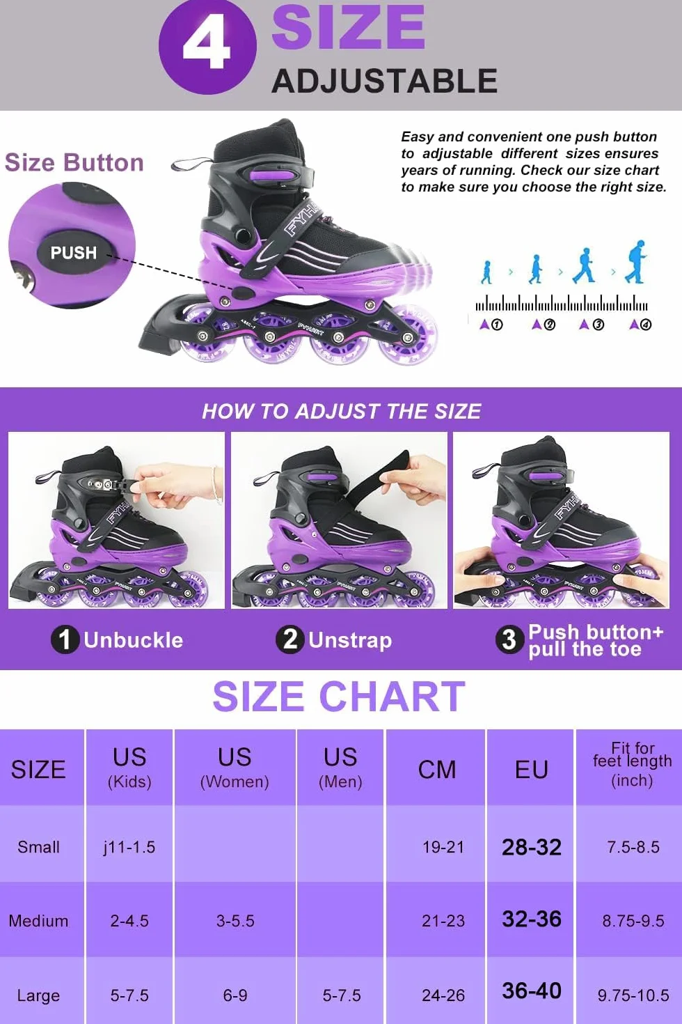 Patins à roulettes pour Enfants Filles et garçons, Taille réglable, Noir et Blanc