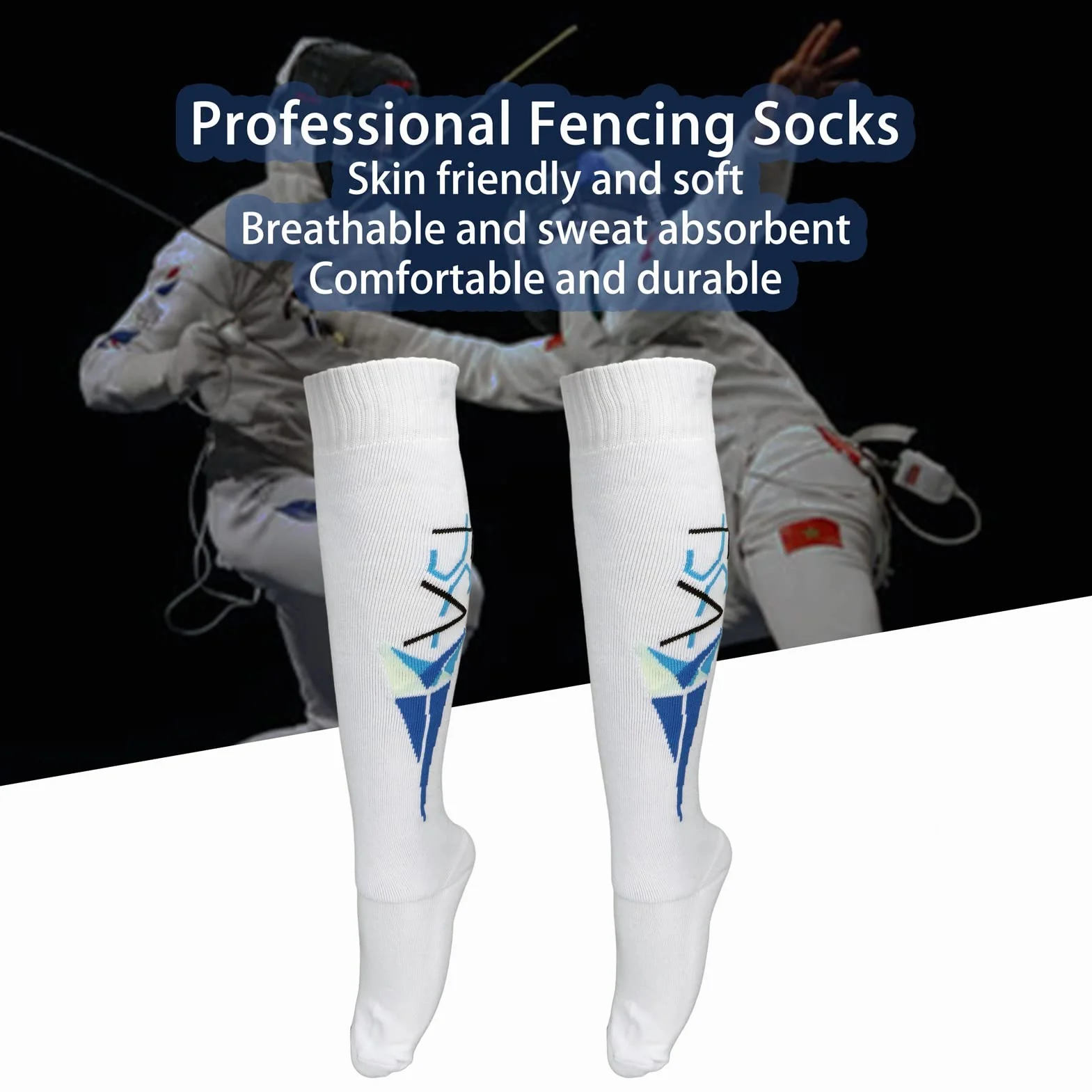 Chaussettes d'escrime pour Adultes, Bas de Protection Absorbant la Transpiration Bleu épaissi