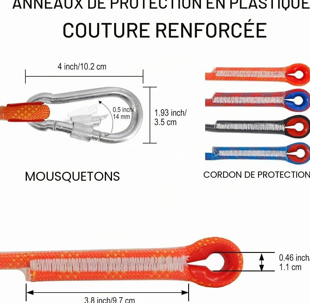 Corde d'escalade statique 10 mm Nylon sécurité extérieure avec mousquetons
