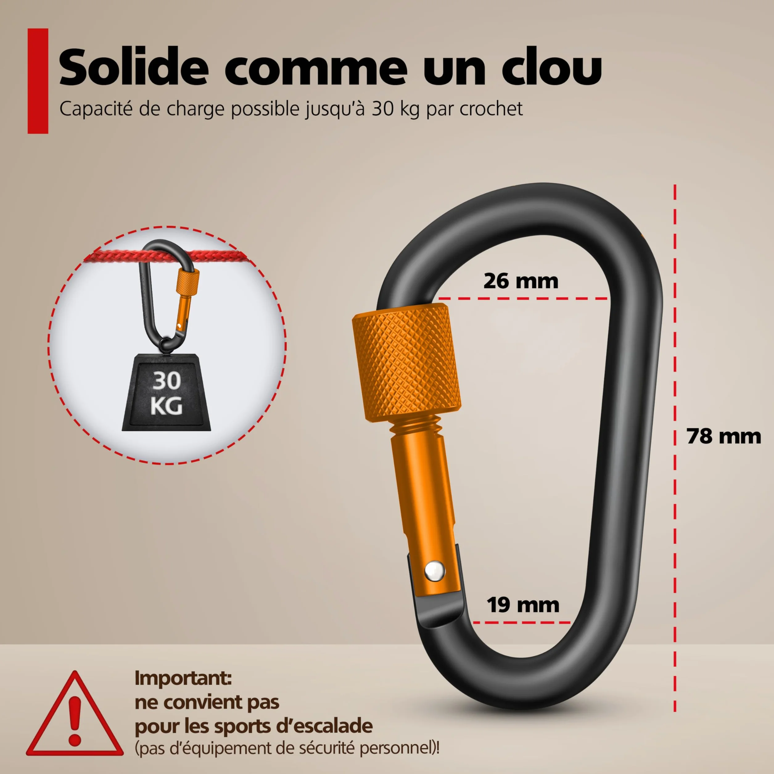 RAVN HAMAN Mousquetons de sécurité à vis 30 kg pour intérieur extérieur hamacs sacs de frappe porte-clés