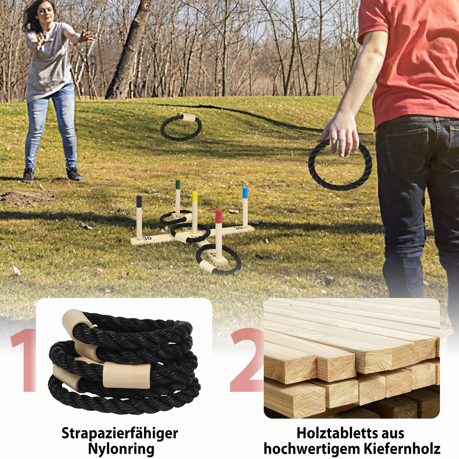 Jeu de lancer d'anneaux en bois avec 5 anneaux en nylon et 5 barres colorées