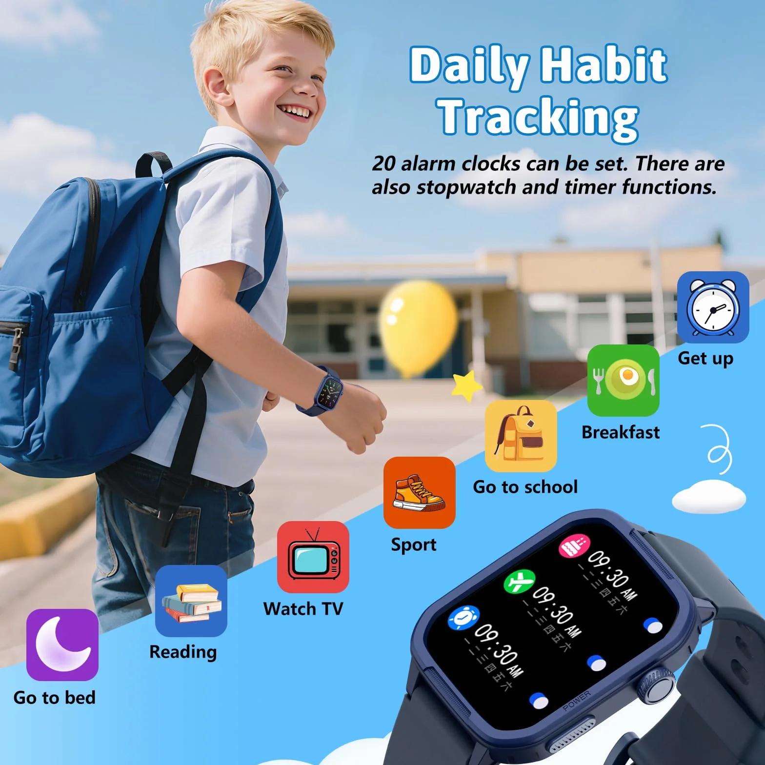 Montre connectée enfant 1.5" podomètre 19 modes entraînement fréquence cardiaque suivi sommeil étanche cadeau filles garçons 6-15 ans bleu