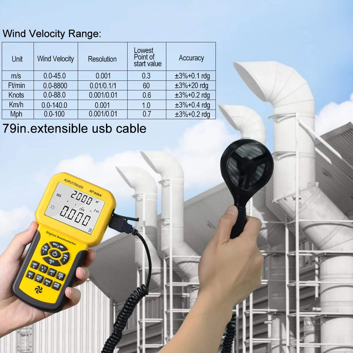 Anémomètre Numérique AP-826A avec Rétroéclairage LCD Mesure Vitesse Air Débit Température