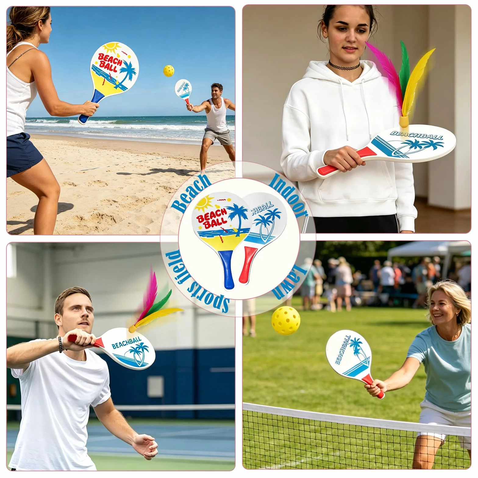 Set de Beachball Raquettes de Plage en Bois 2 Raquettes 2 Peak Ball 2 Volants