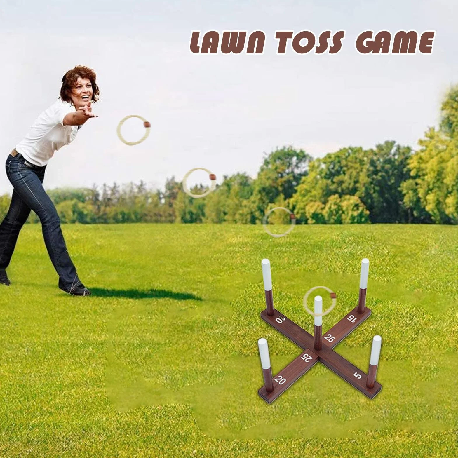 Jeu de Lancer d'anneaux en Bois avec Corde, 40,6 cm, Jeu de Jardin Quoits Portable avec Sac de Rangement