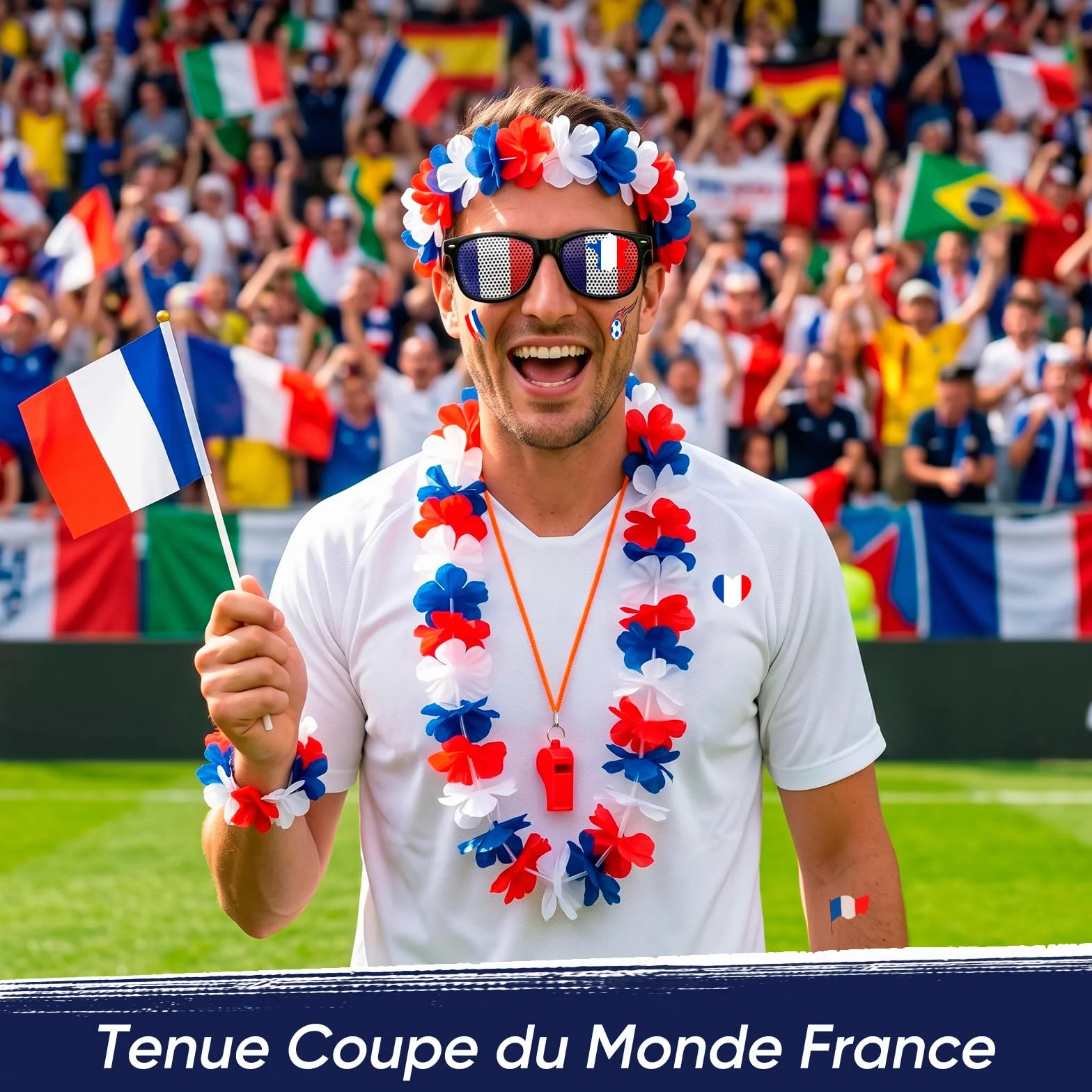 Kit Supporter France 2026 - Accessoires Bleu Blanc Rouge avec Lunettes Drapeau, Sifflet, Drapeaux, Stickers et Lei