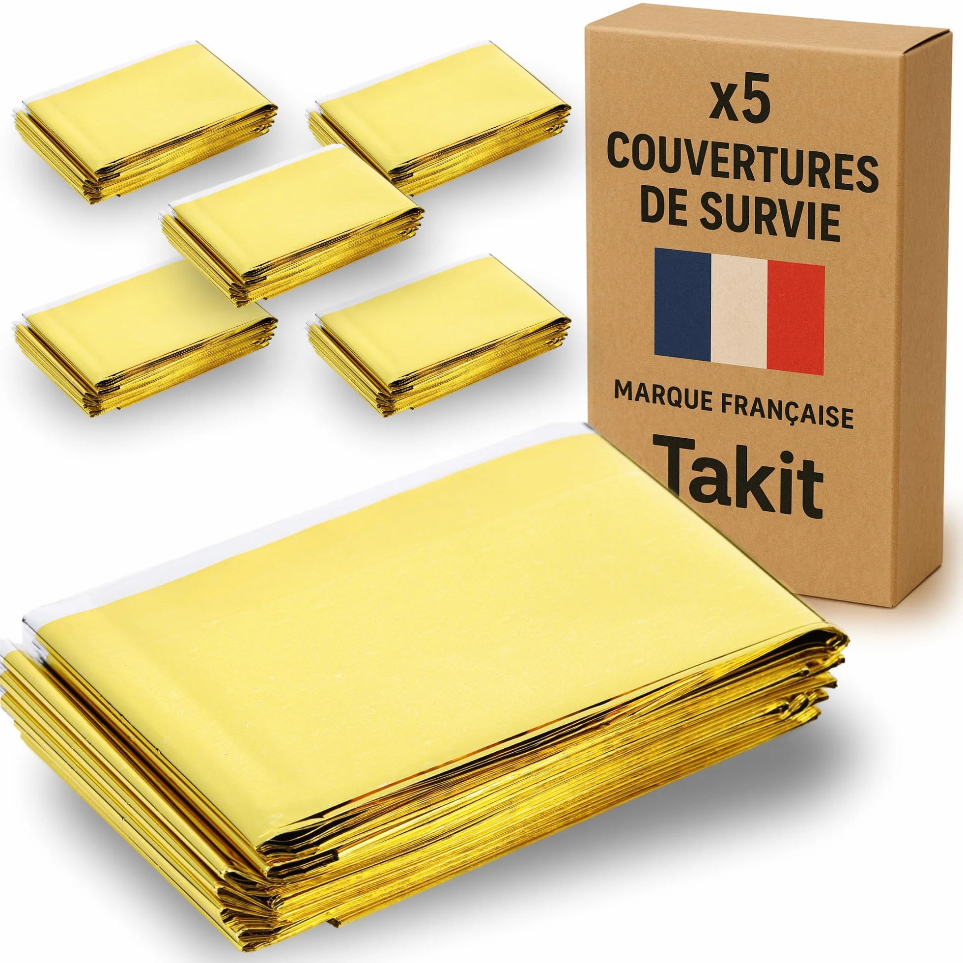 Takit Couverture de Survie Réutilisable Extra Large 210x160cm Imperméable Mylar Camping Randonnée Premiers Soins Or Gris