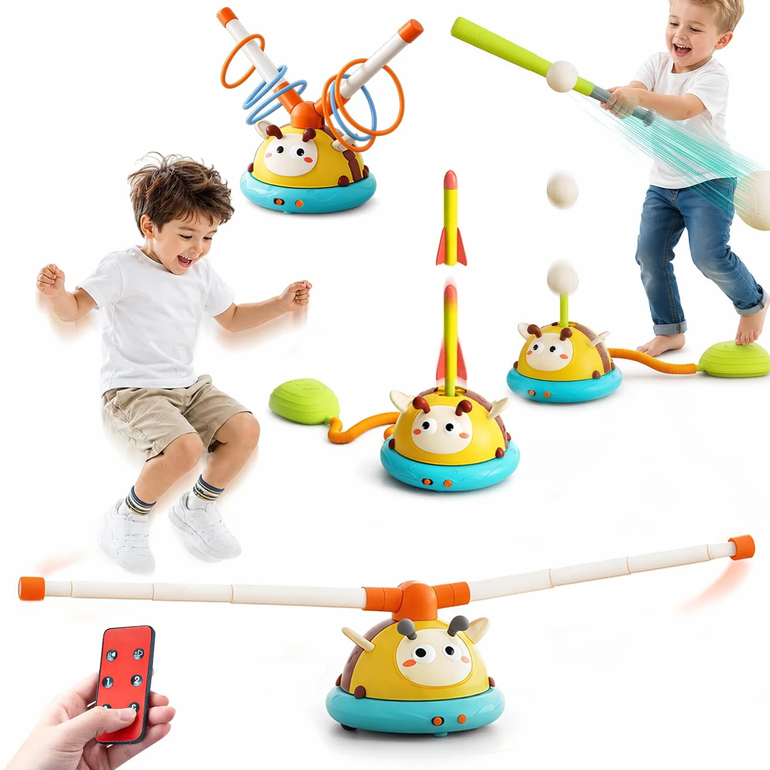 4 en 1 Jeux Extérieur Enfant Fusée, Corde à Sauter, Lancer d'Anneaux, Base-Ball, Jouet Extérieur avec Télécommande Cadeaux Garçons Filles 3-10 Ans