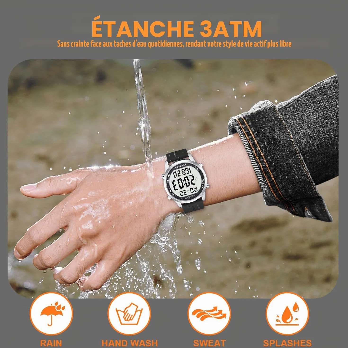 Montre podomètre grands chiffres LCD compteur pas calories sans application