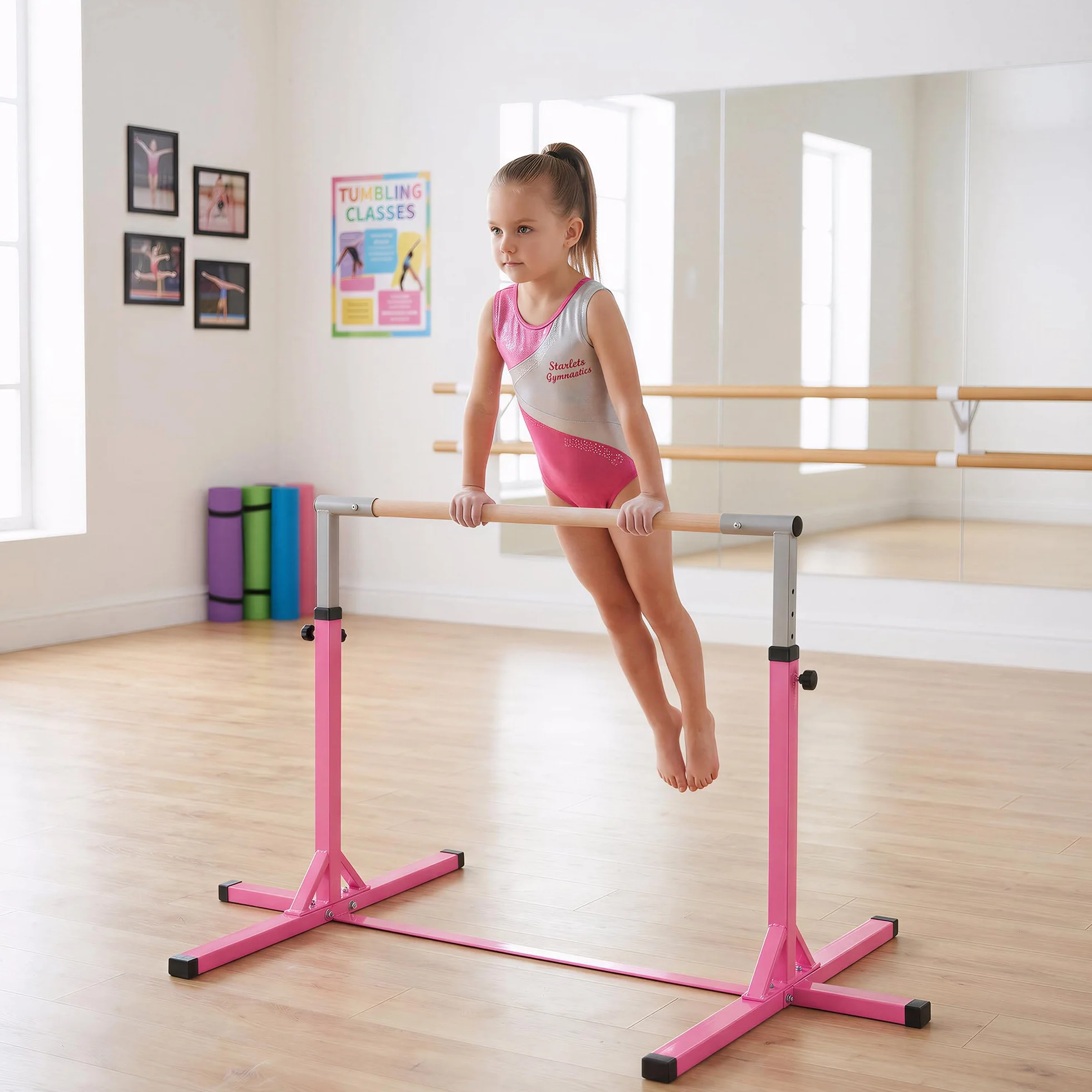 HOMCOM Barre Fixe de Gymnastique Enfant Hauteur Réglable 13 Niveaux 92-150 cm Acier Bois de Hêtre Antidérapant