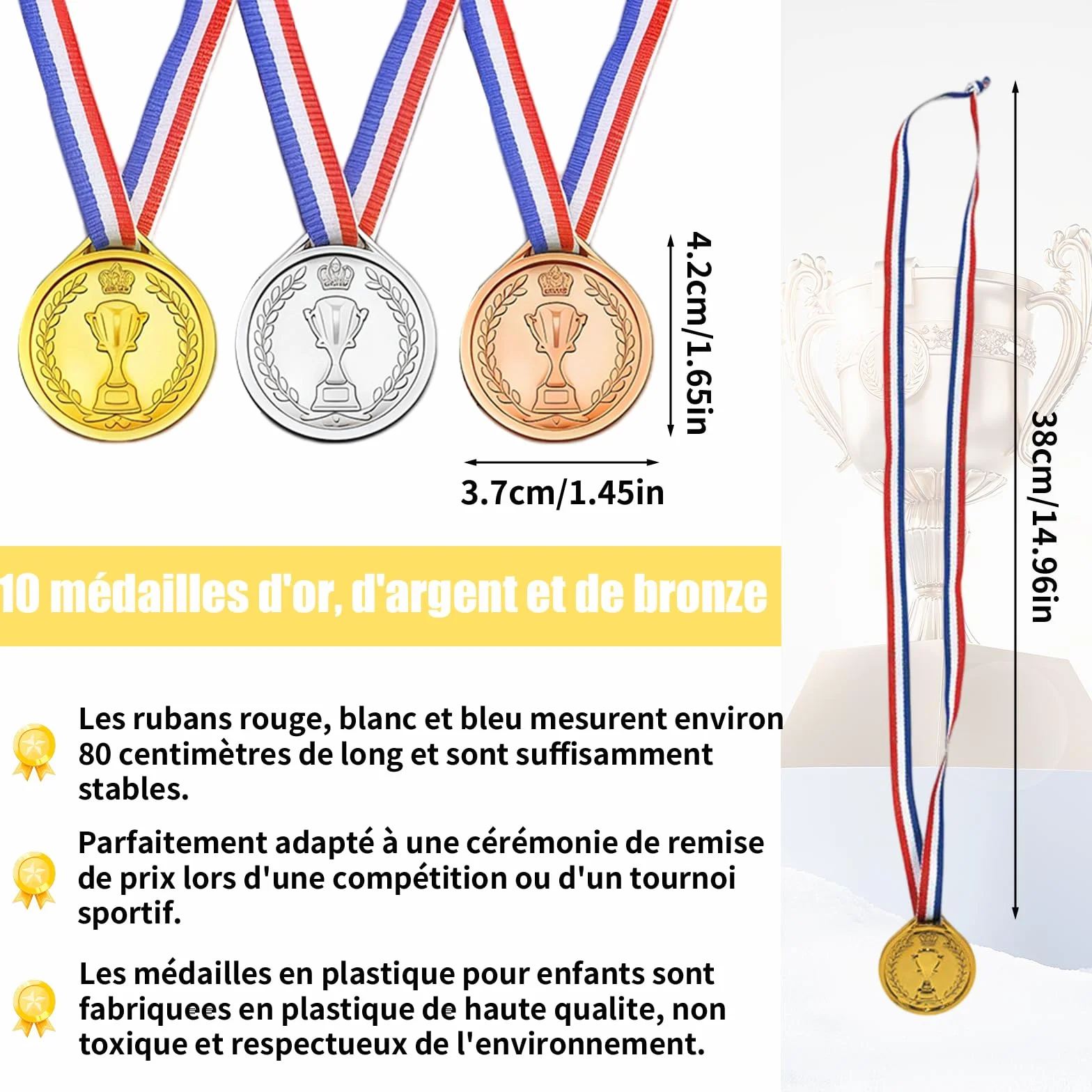 Lot de 30 Médailles Enfant avec Ruban Rouge Blanc Bleu 4,2x3,7cm pour Sport École Anniversaire