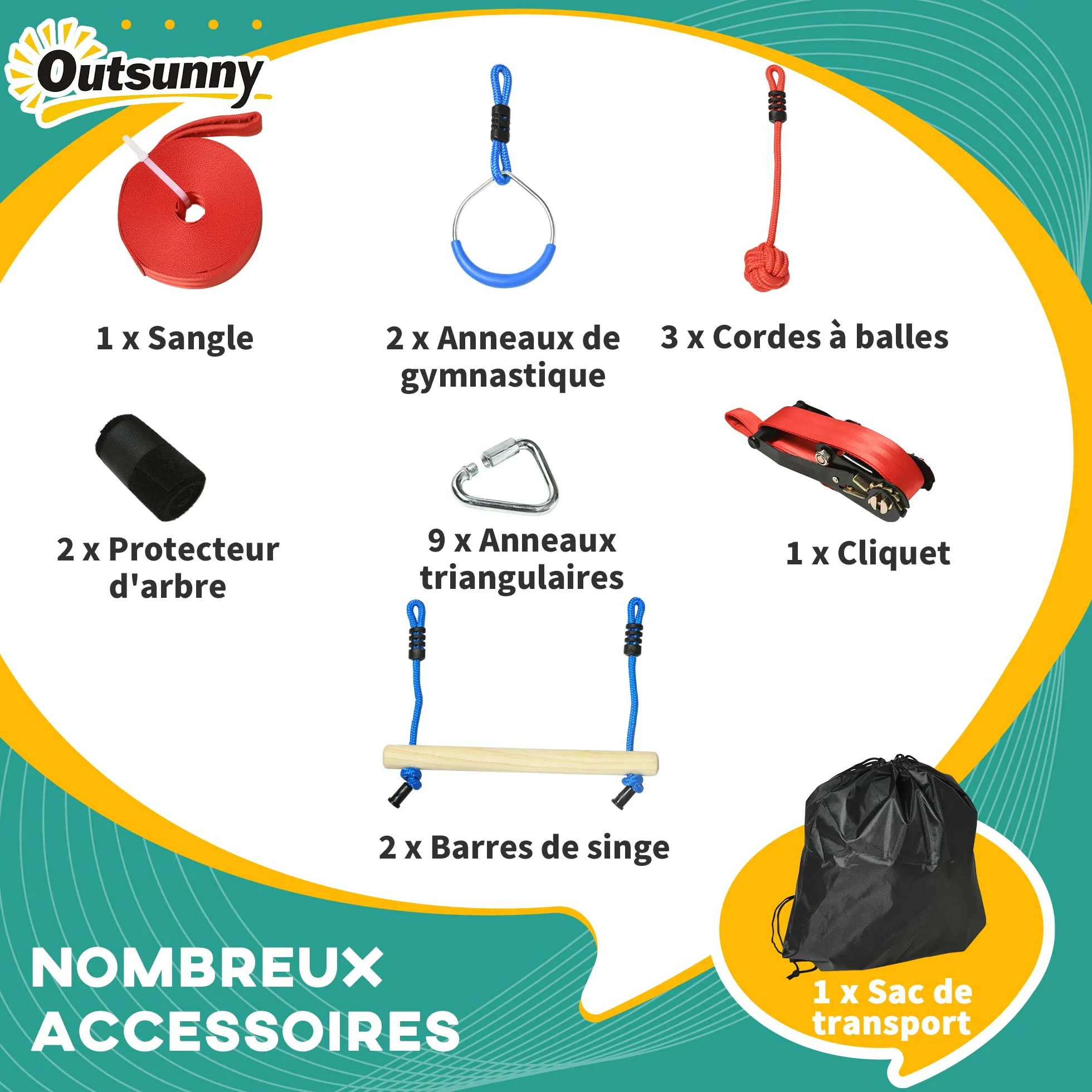 Outsunny Parcours d'obstacles Ninja pour Enfants 30 Accessoires 10 m Slackline Sac de Transport Bleu Noir Rouge