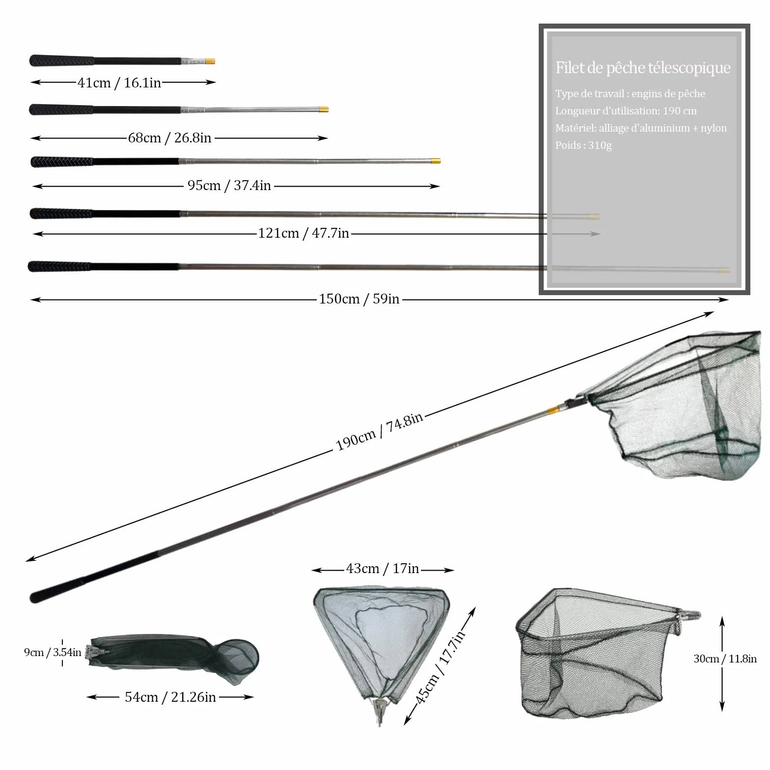 Épuisette de Pêche Pliable 190cm Manche Téléscopique Alliage d'Aluminium 4 Sections Filet Nylon Triangulaire 37-68 Pouces pour Carpe Truite