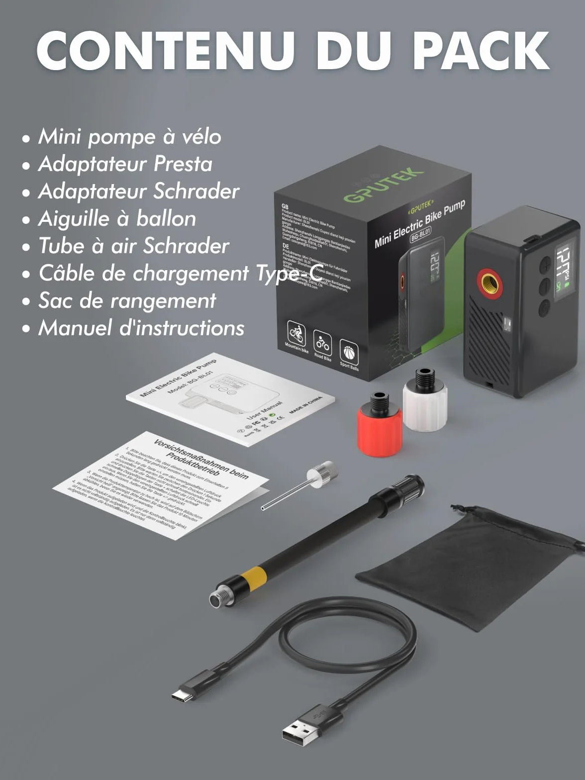 GPUTEK Pompe À Vélo Électrique, Auto-Off Et Lumière LED, pour Valves Presta Et Schrader