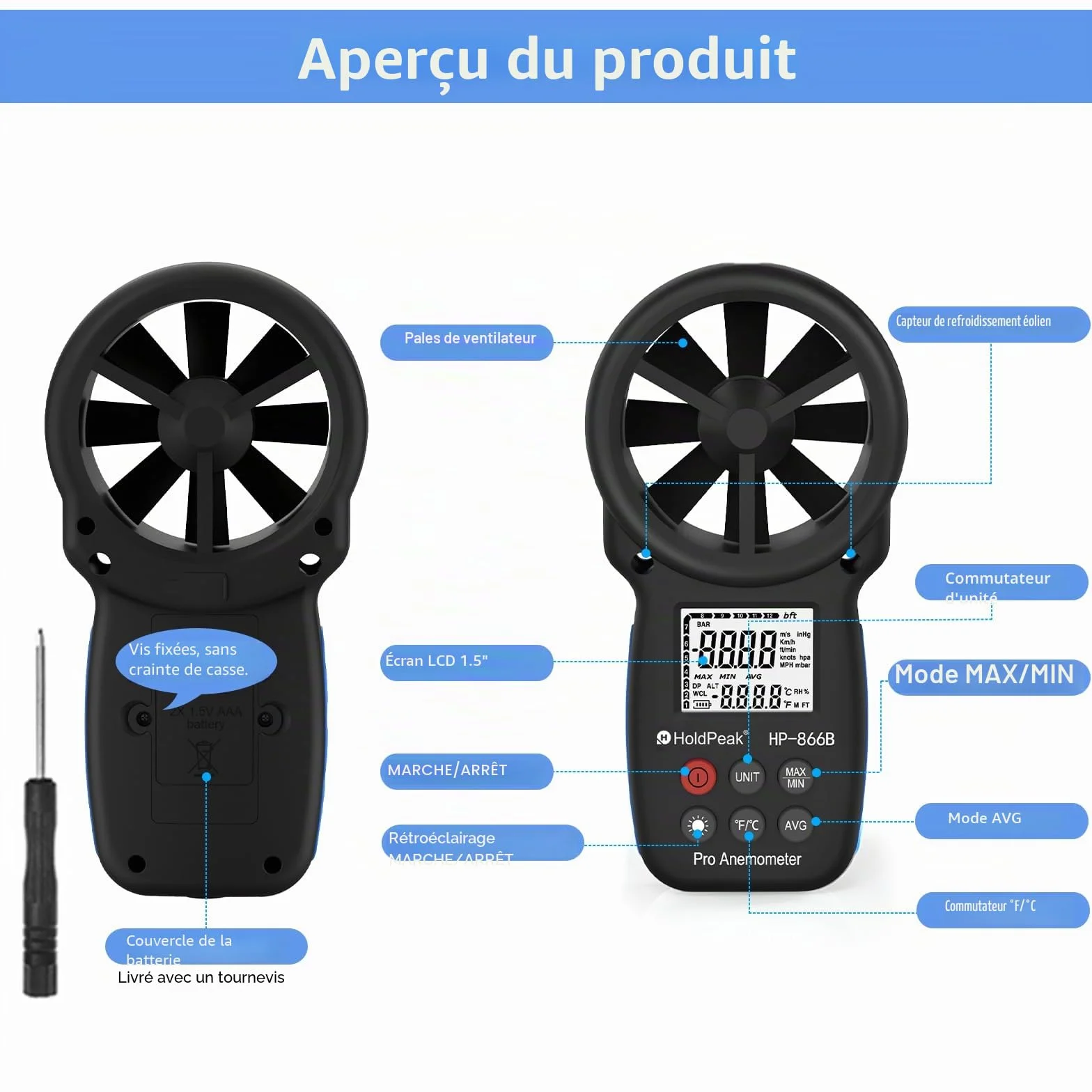 Anémomètre Portable Numérique Haute Précision HP-866B Mesure Vitesse du Vent Température