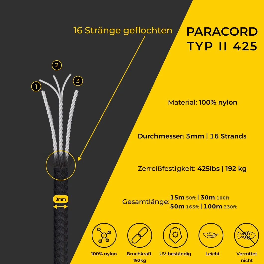3 mm Nylon Paracord Type II 100% Nylon Rope 3 Strand 50 m Coyote Brown
