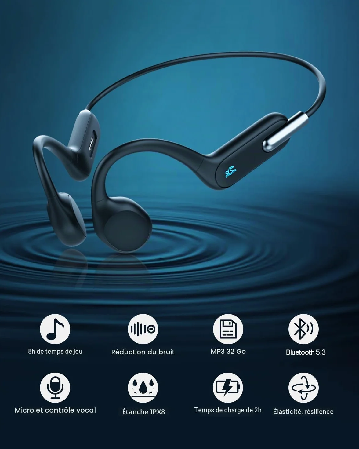 HIFI WALKER Casque à Conduction Osseuse IPX8 Étanche Natation, Écouteurs sans Fil Open-Ear Bluetooth 5.3, Lecteur MP3 32 Go Course Vélo