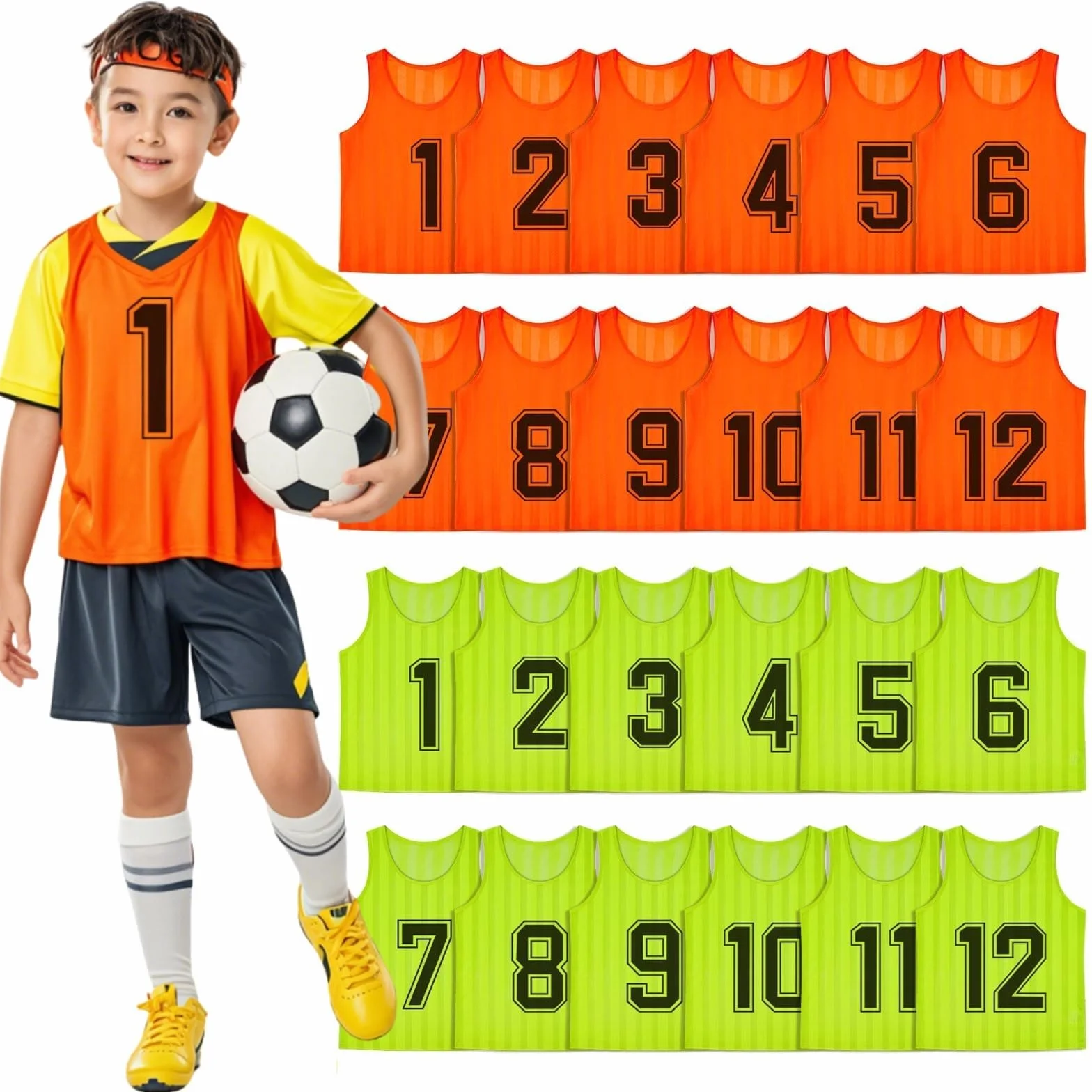 Lot de 24 Chasubles Enfant Numérotées – Gilets d'Entraînement en Maille pour Équipe Sportive, Orange & Vert