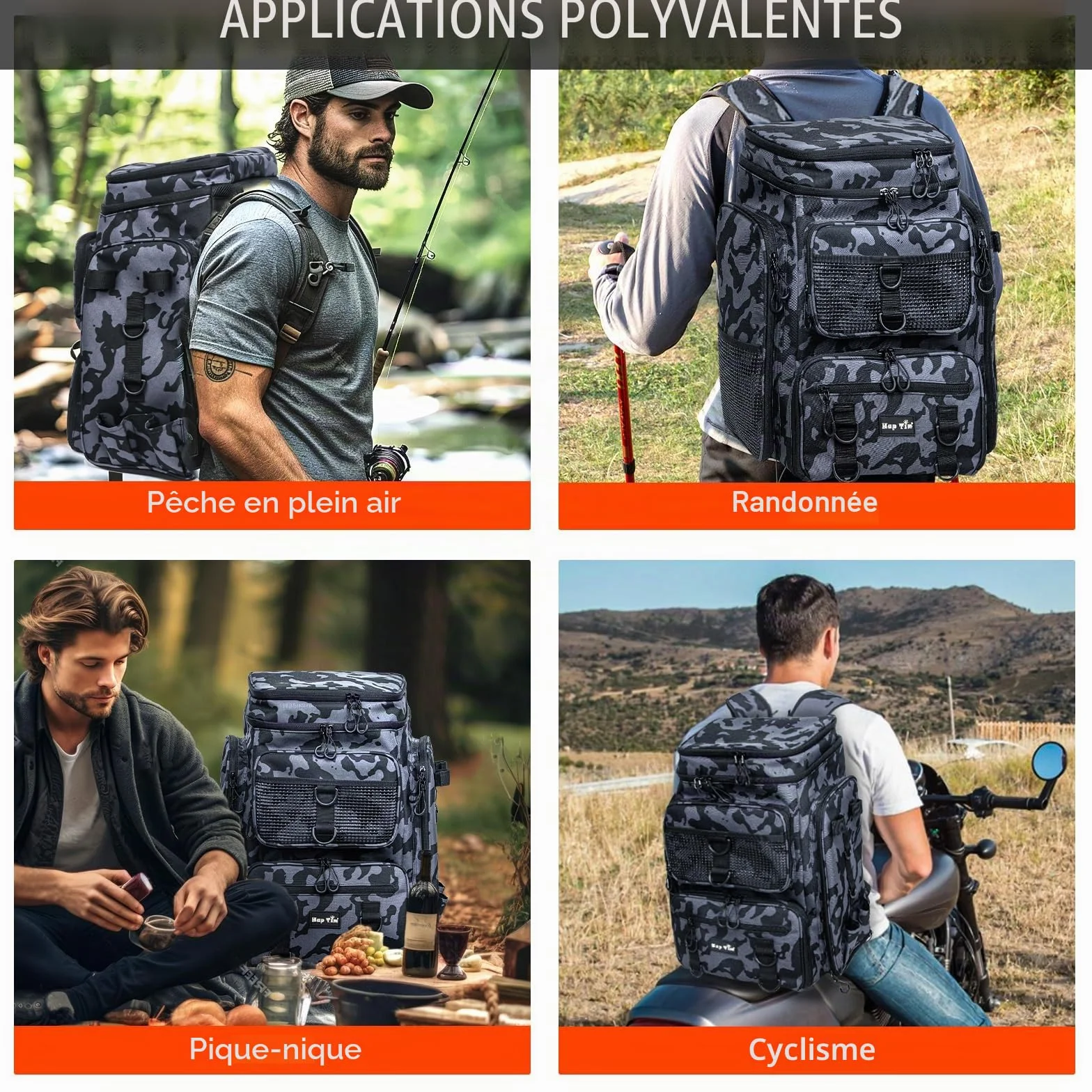 Hap Tim 42L Sac à Dos de Pêche avec 2 Barres, Sac de Pêche Multi-Poches, Séparateur Amovible