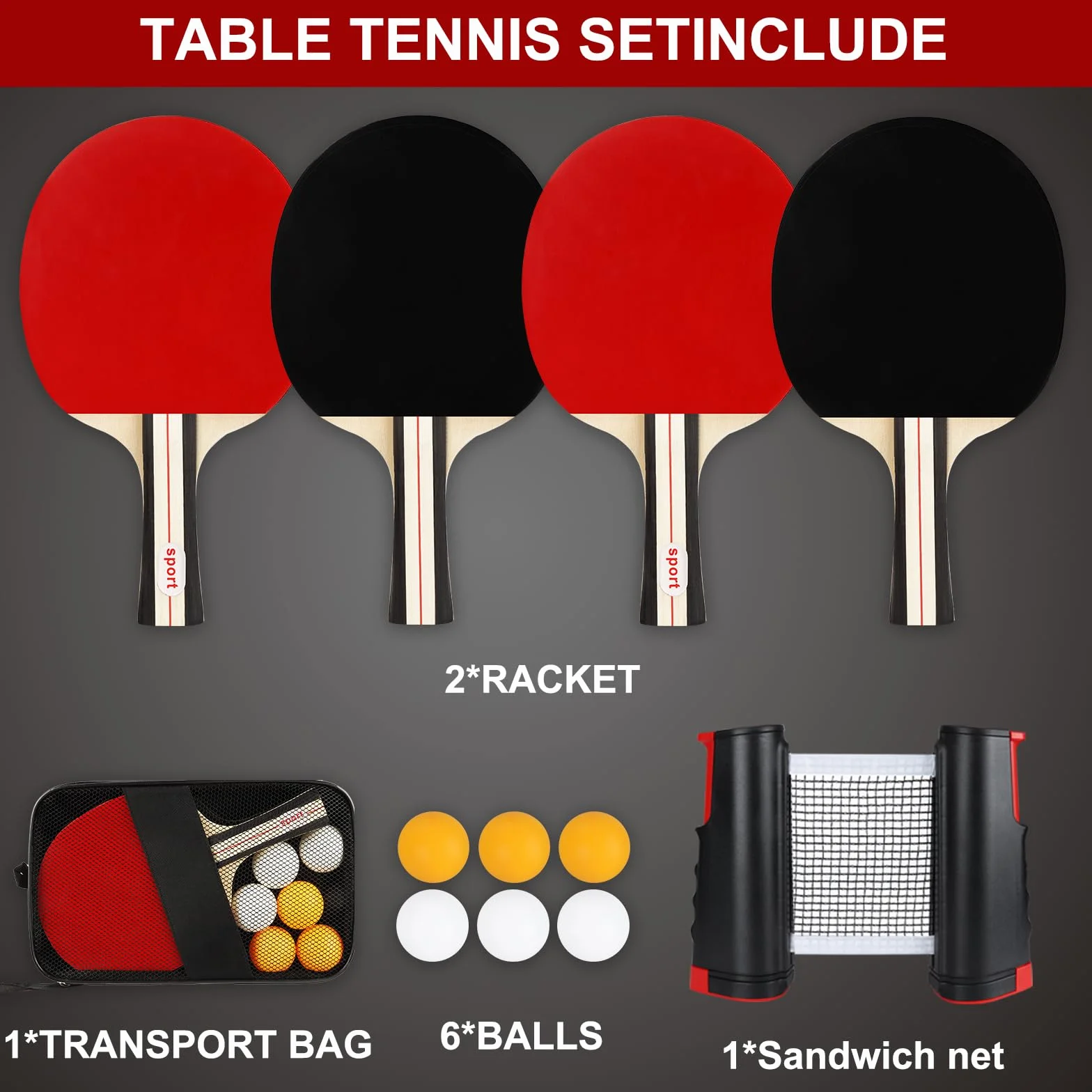 Set de Tennis de Table 2 Raquettes 6 Balles Filet Rétractable Sac de Transport Ping Pong Kit